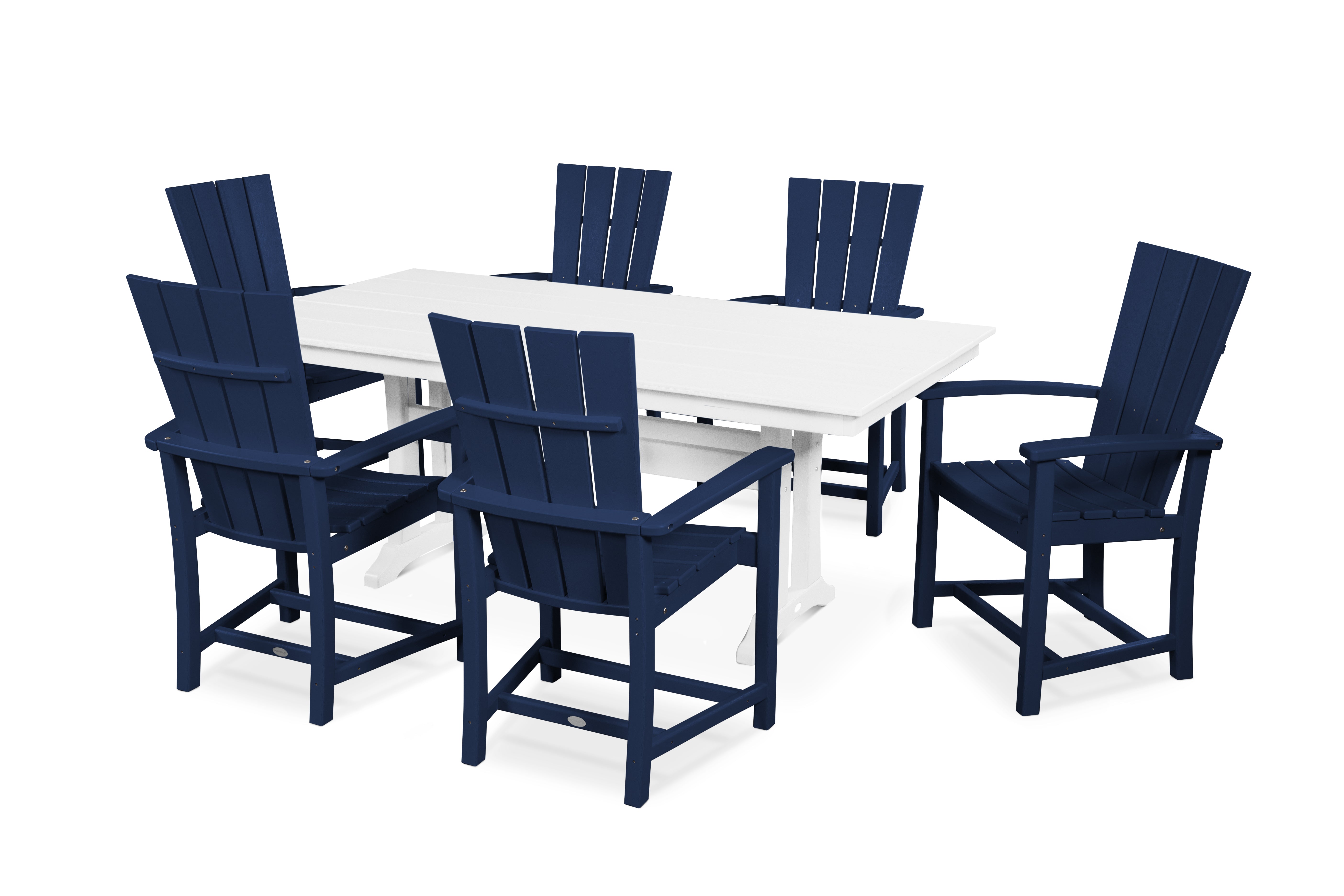 POLYWOOD Quattro 7-Piece Farmhouse Dining Set with Trestle Legs in Navy / White
