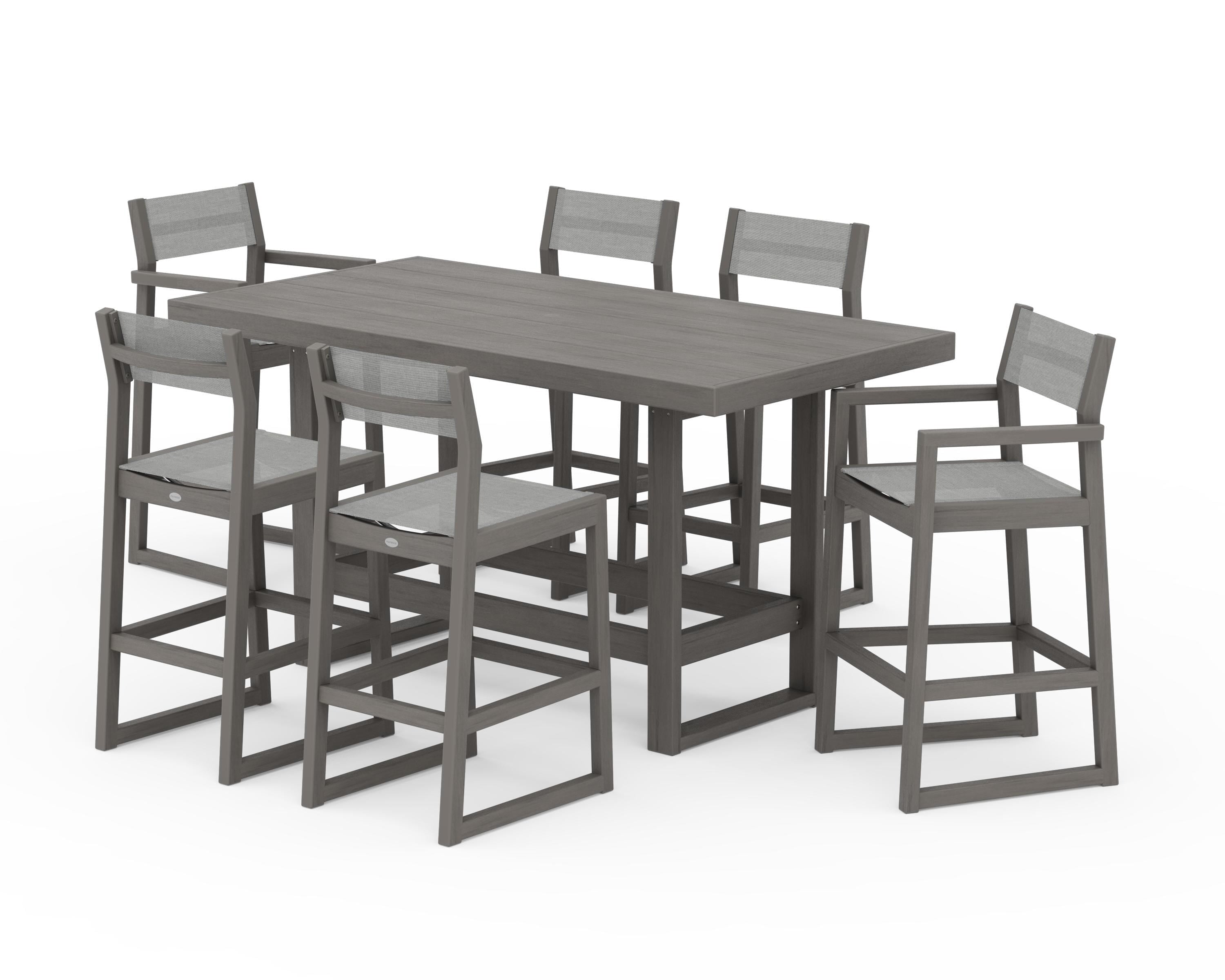 POLYWOOD EDGE Sling 7-Piece Bar Table Set in Driftwood / Metallic Sling