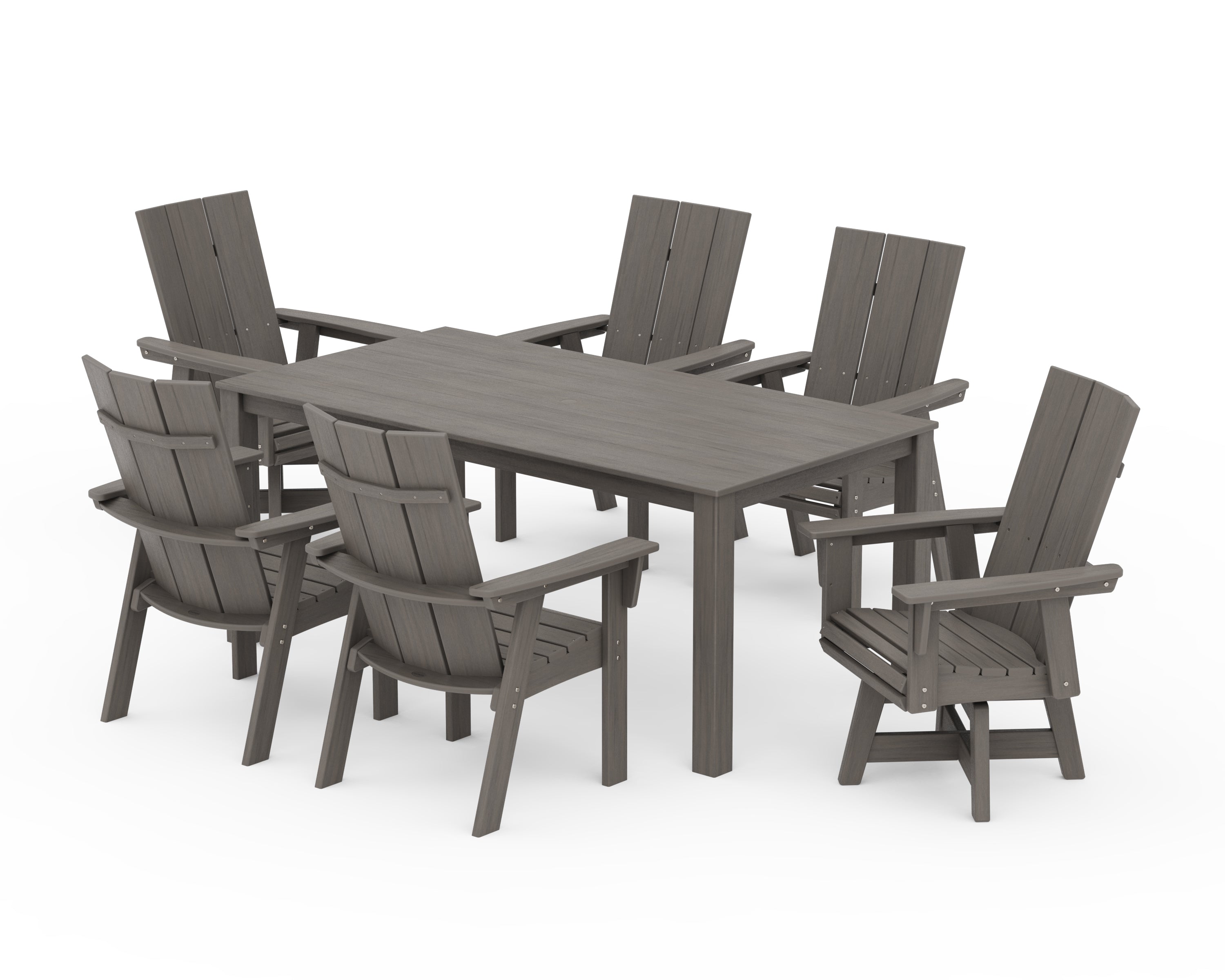 POLYWOOD Modern Curveback Adirondack 7-Piece Parsons Swivel Dining Set in Driftwood