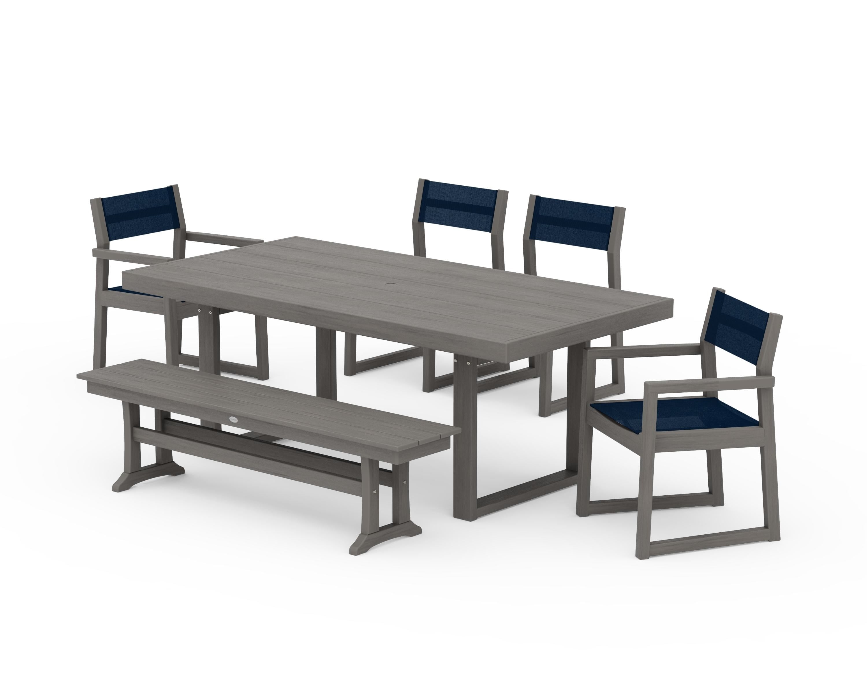 POLYWOOD EDGE Sling 6-Piece Dining Set with Bench in Driftwood / Navy Blue Sling