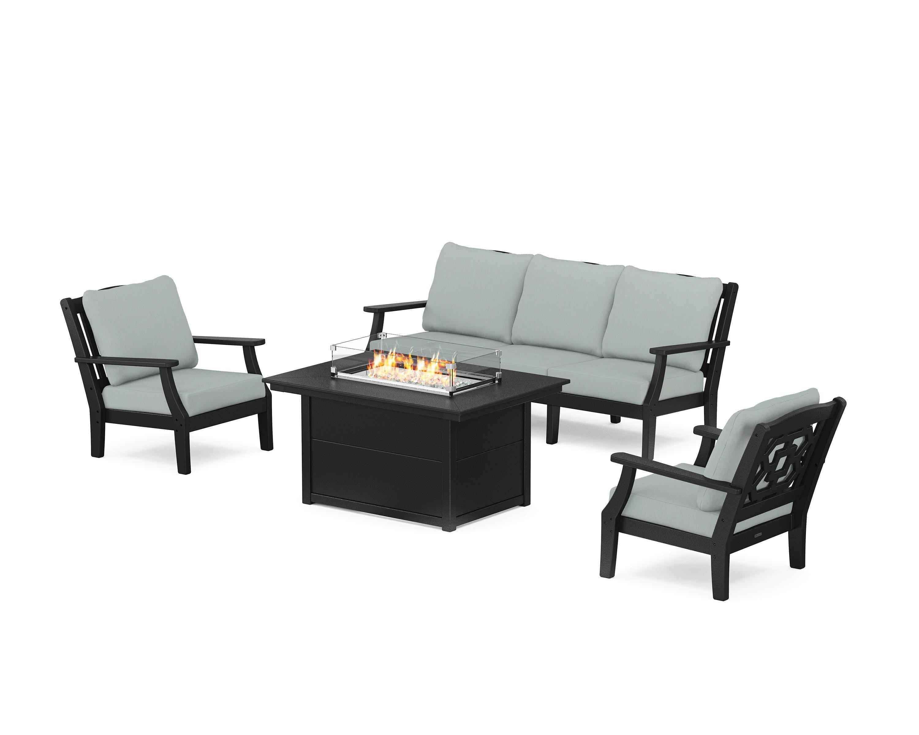 Martha Stewart by POLYWOOD Chinoiserie Deep Seating Fire Pit Table Set in Black / Spa