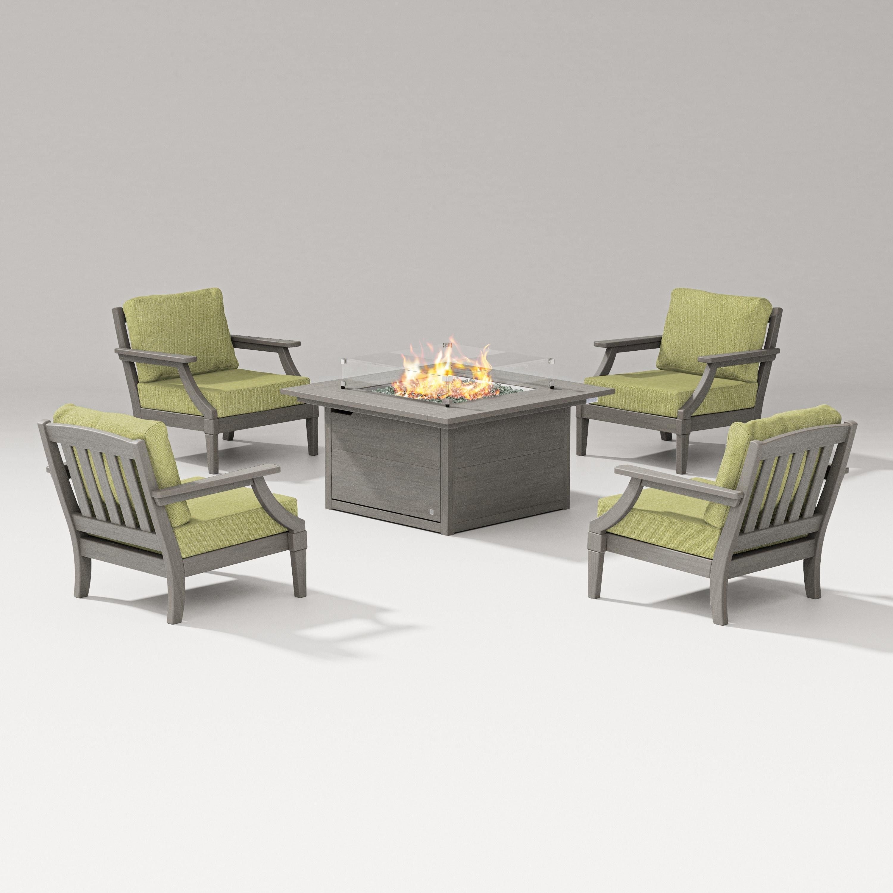 PW Designer Series Estate 5-Piece Lounge Fire Table Set in Driftwood / Chartreuse Boucle