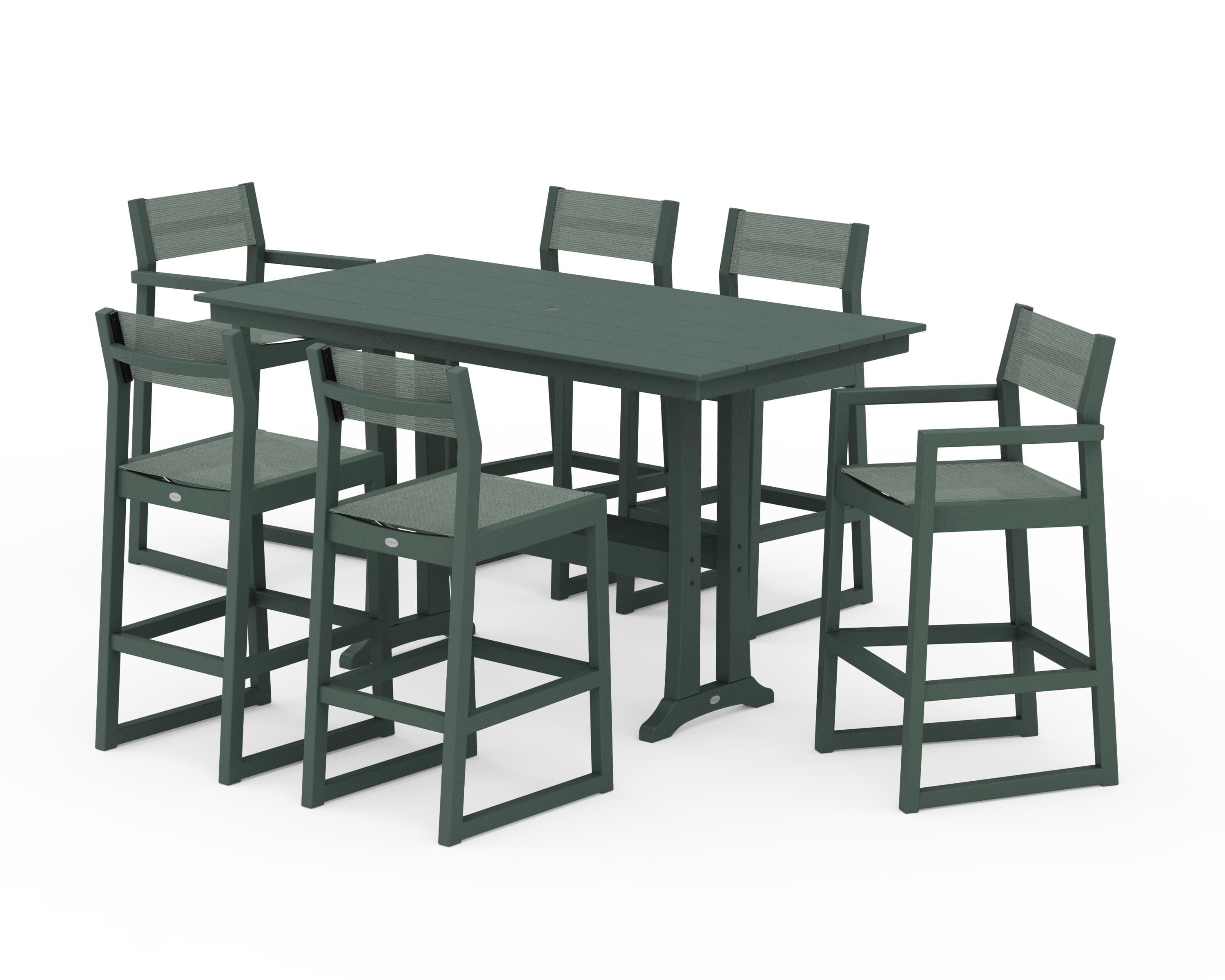 POLYWOOD EDGE Sling 7-Piece Farmhouse Bar Set with Trestle Legs in Green / Dupioni Sea Mist Sling