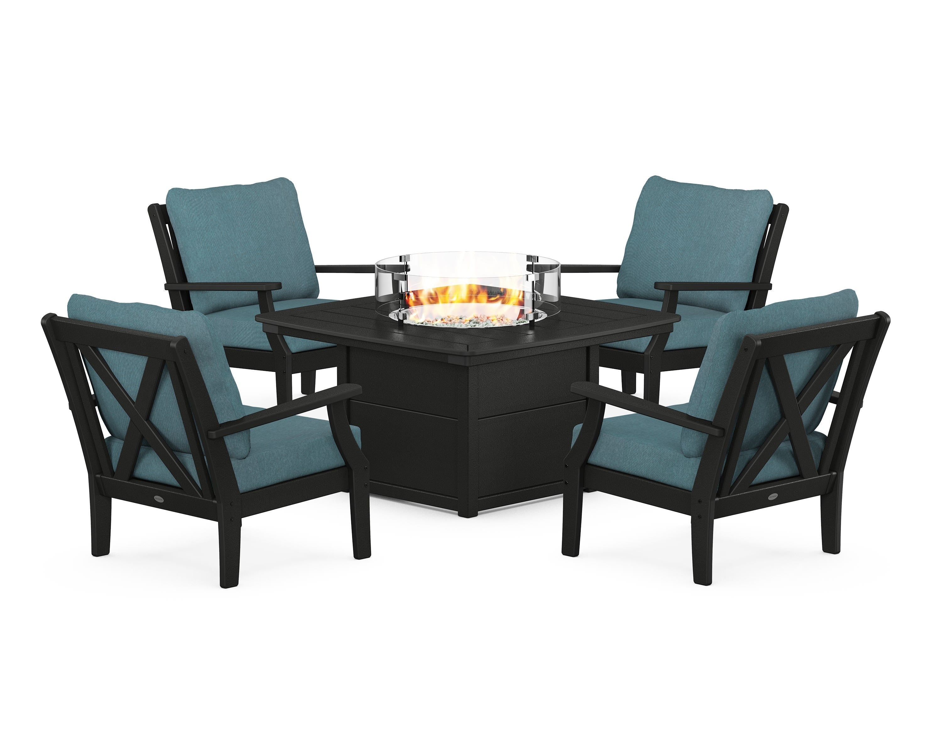 POLYWOOD Braxton 5-Piece Deep Seating Conversation Set with Fire Pit Table in Black / Ocean Teal