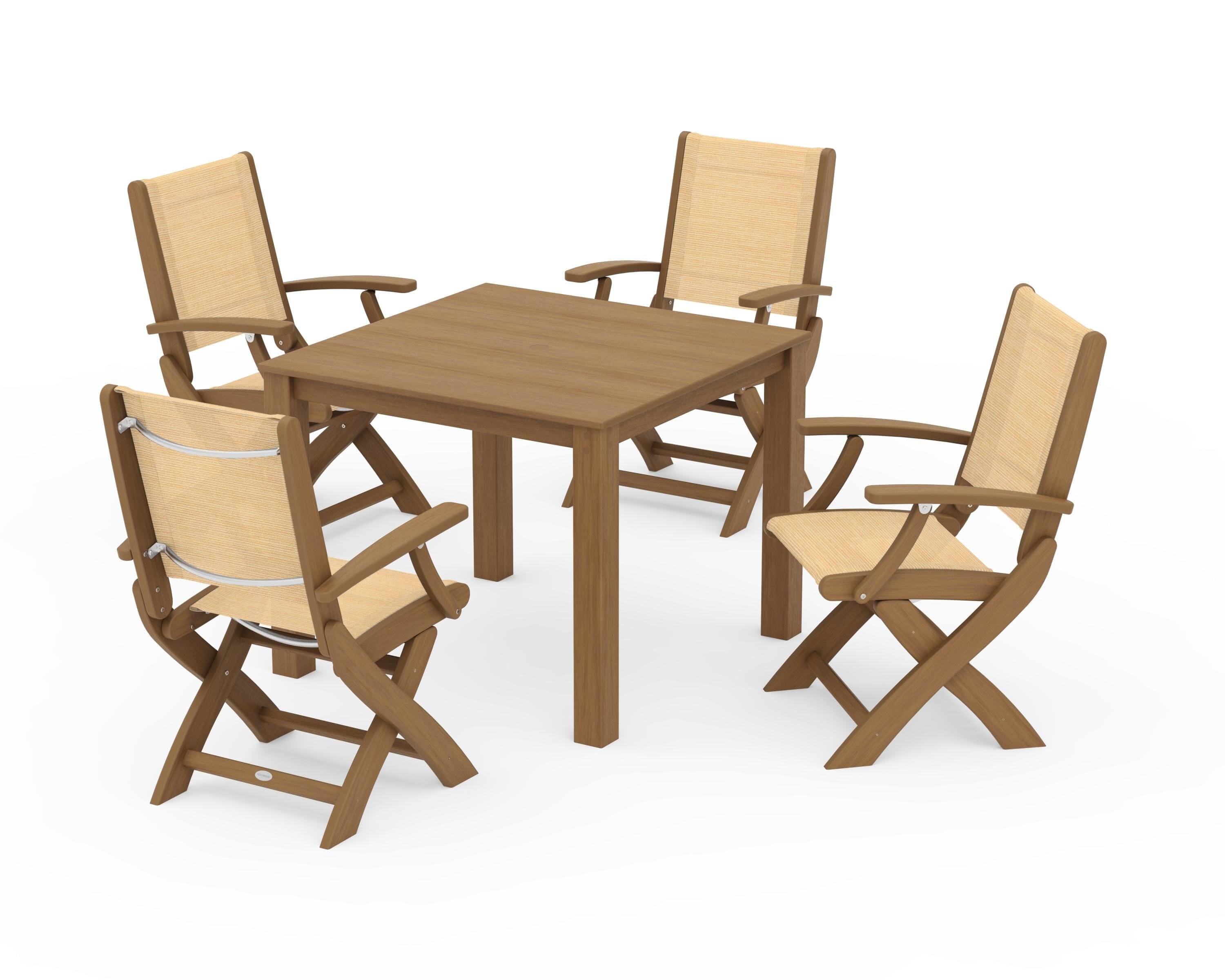 POLYWOOD Coastal Folding Chair 5-Piece Parsons Dining Set in Natural / Dupioni Apricot Sling