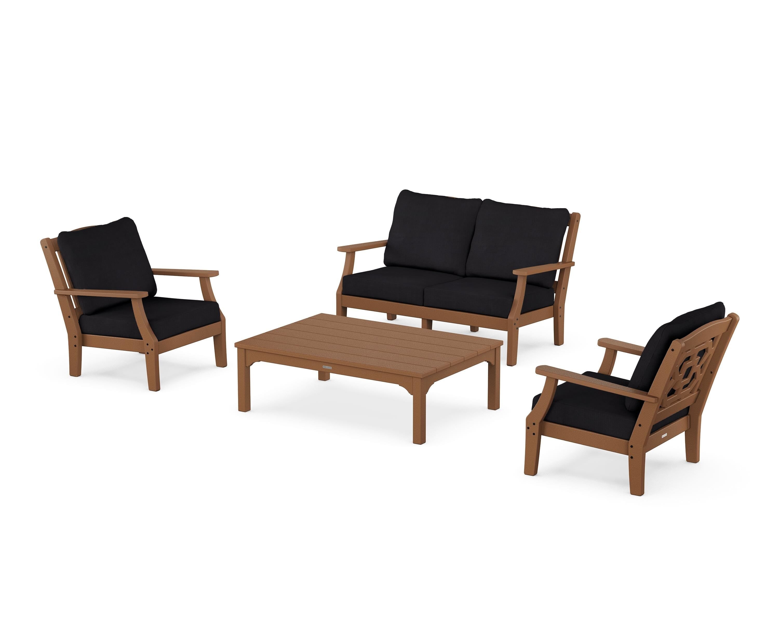 Martha Stewart by POLYWOOD Chinoiserie 4-Piece Deep Seating Set with Loveseat in Teak / Midnight Linen
