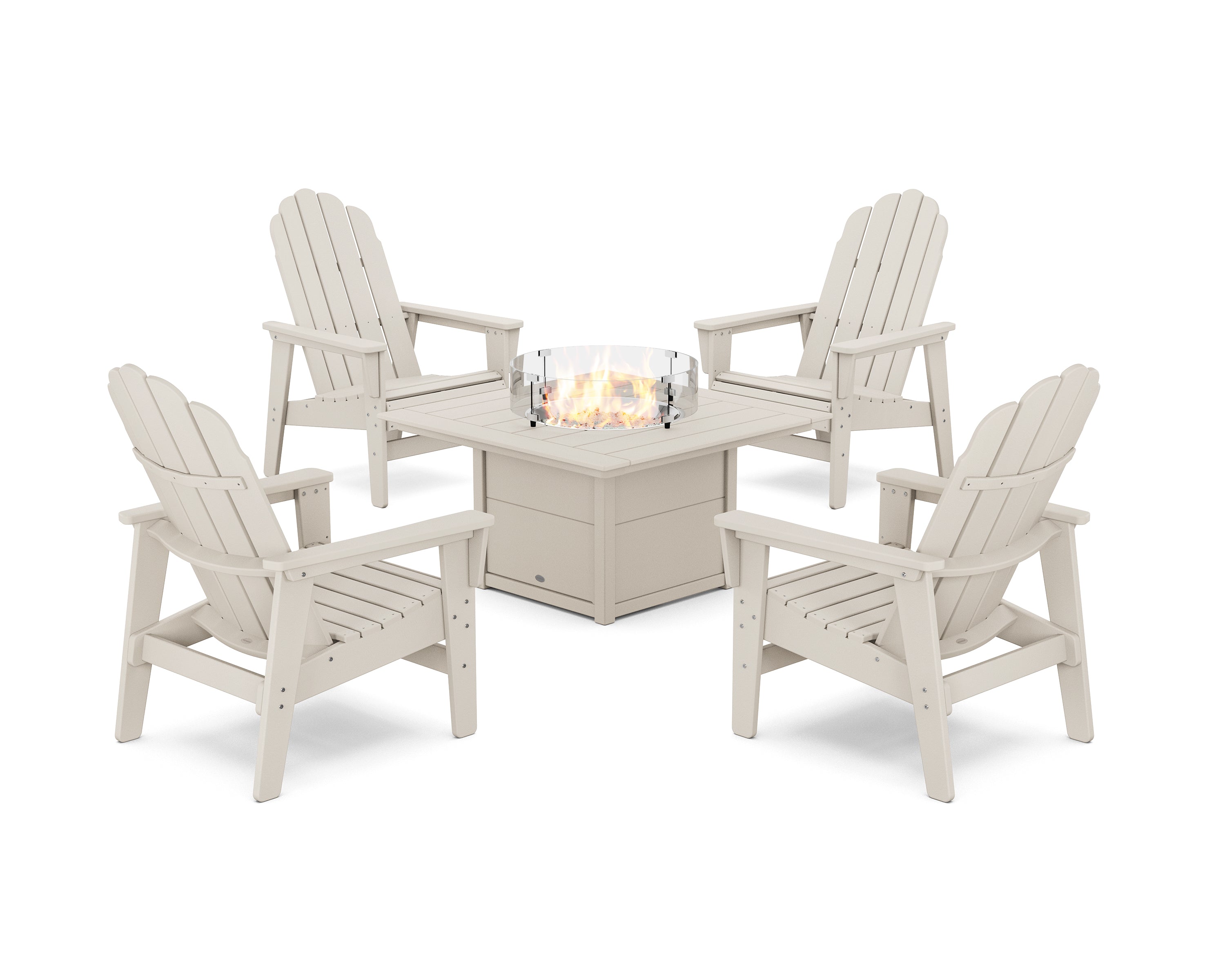 POLYWOOD 5-Piece Vineyard Grand Upright Adirondack Conversation Set with Fire Pit Table in Sand