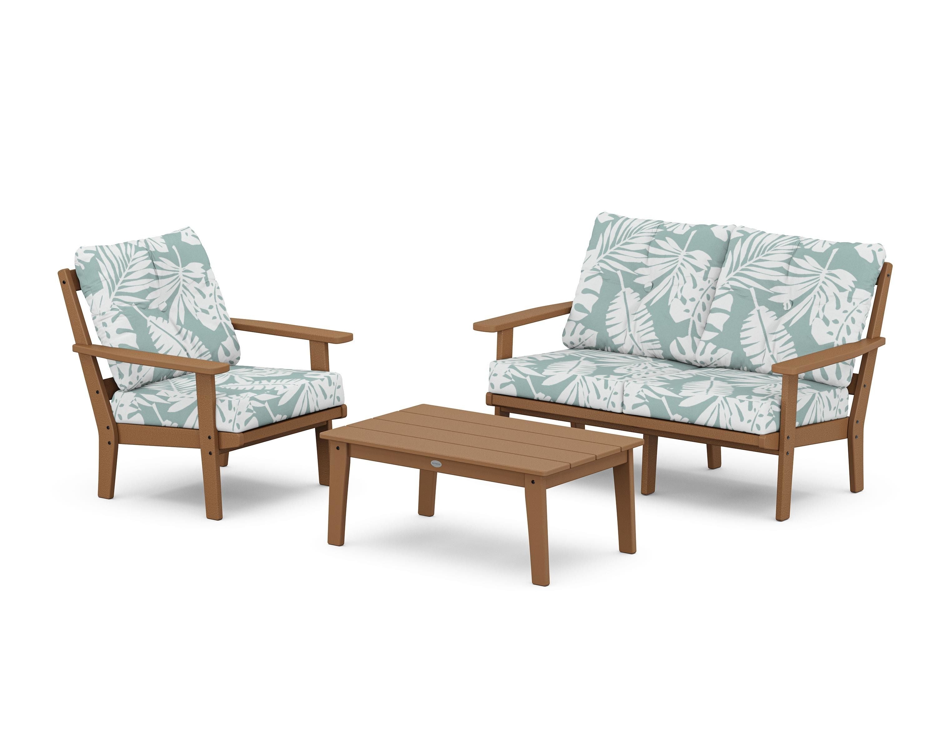 POLYWOOD Oxford 3-Piece Deep Seating Set with Loveseat in Teak / Leaf Glacier Spa