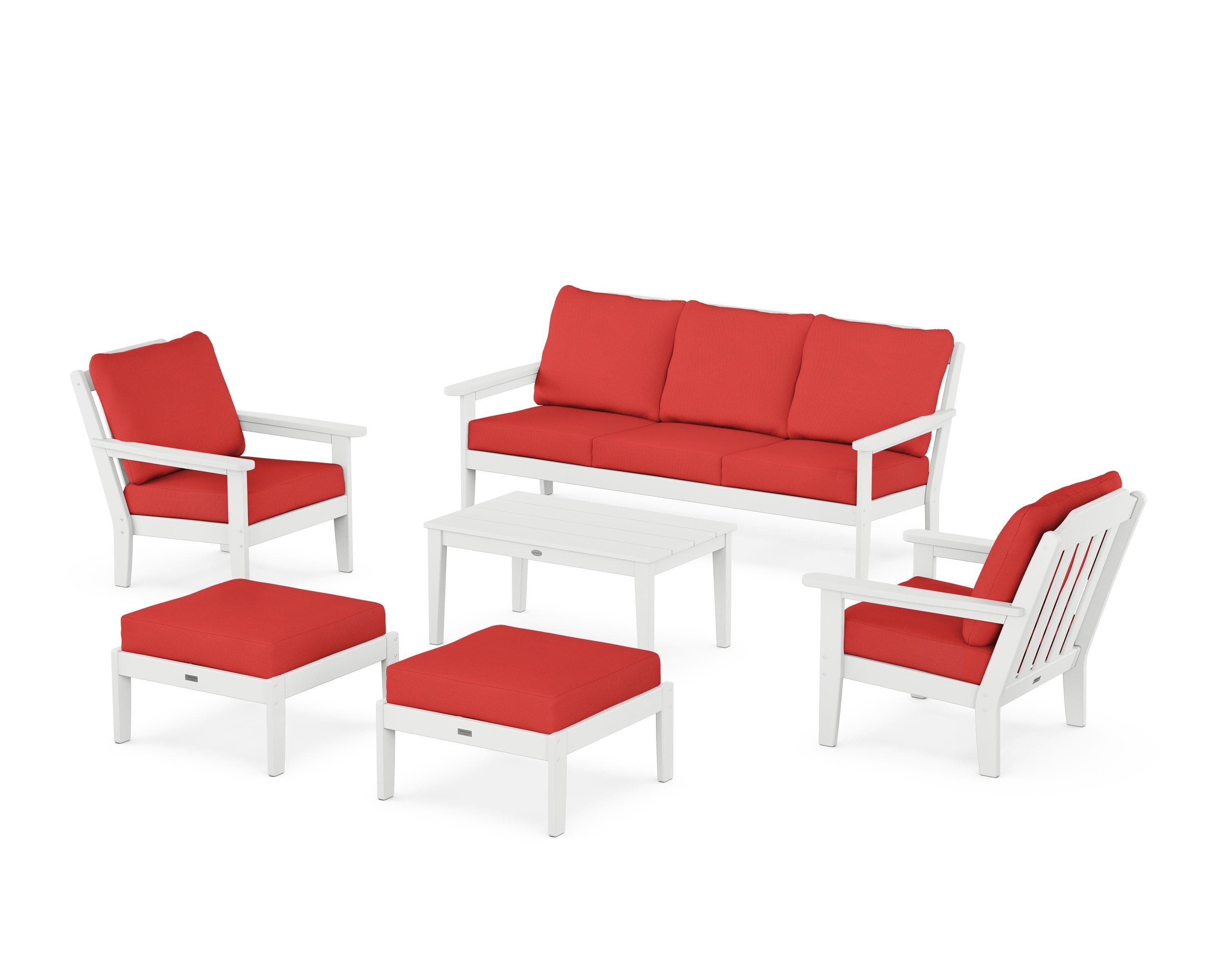 Country Living Cottage 6-Piece Lounge Sofa Set in White / Crimson Linen