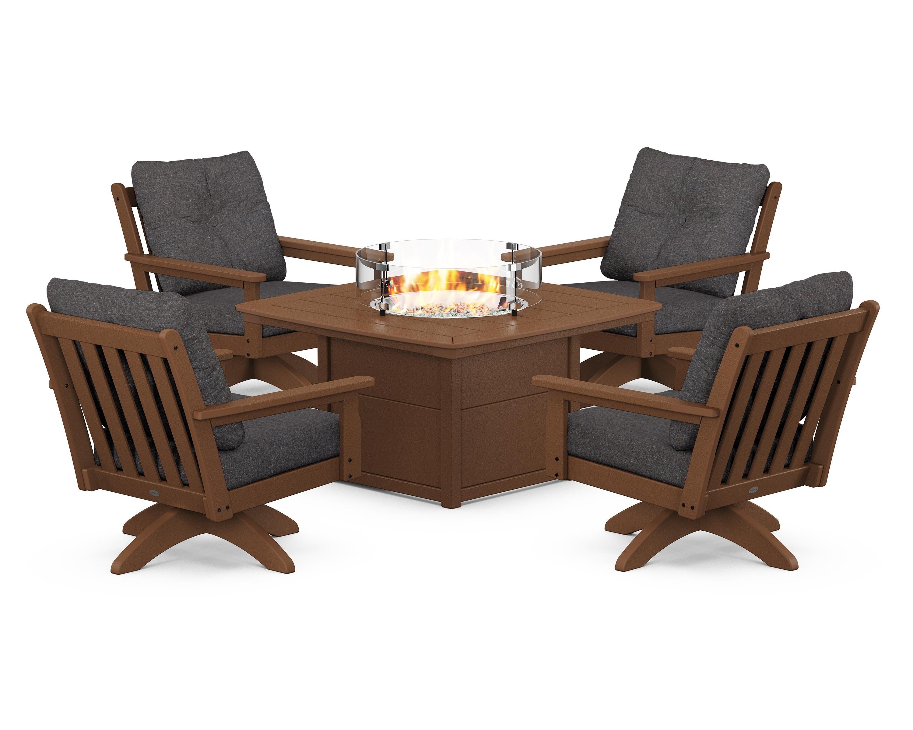 POLYWOOD Vineyard 5-Piece Deep Seating Swivel Conversation Set with Fire Pit Table in Teak / Ash Charcoal