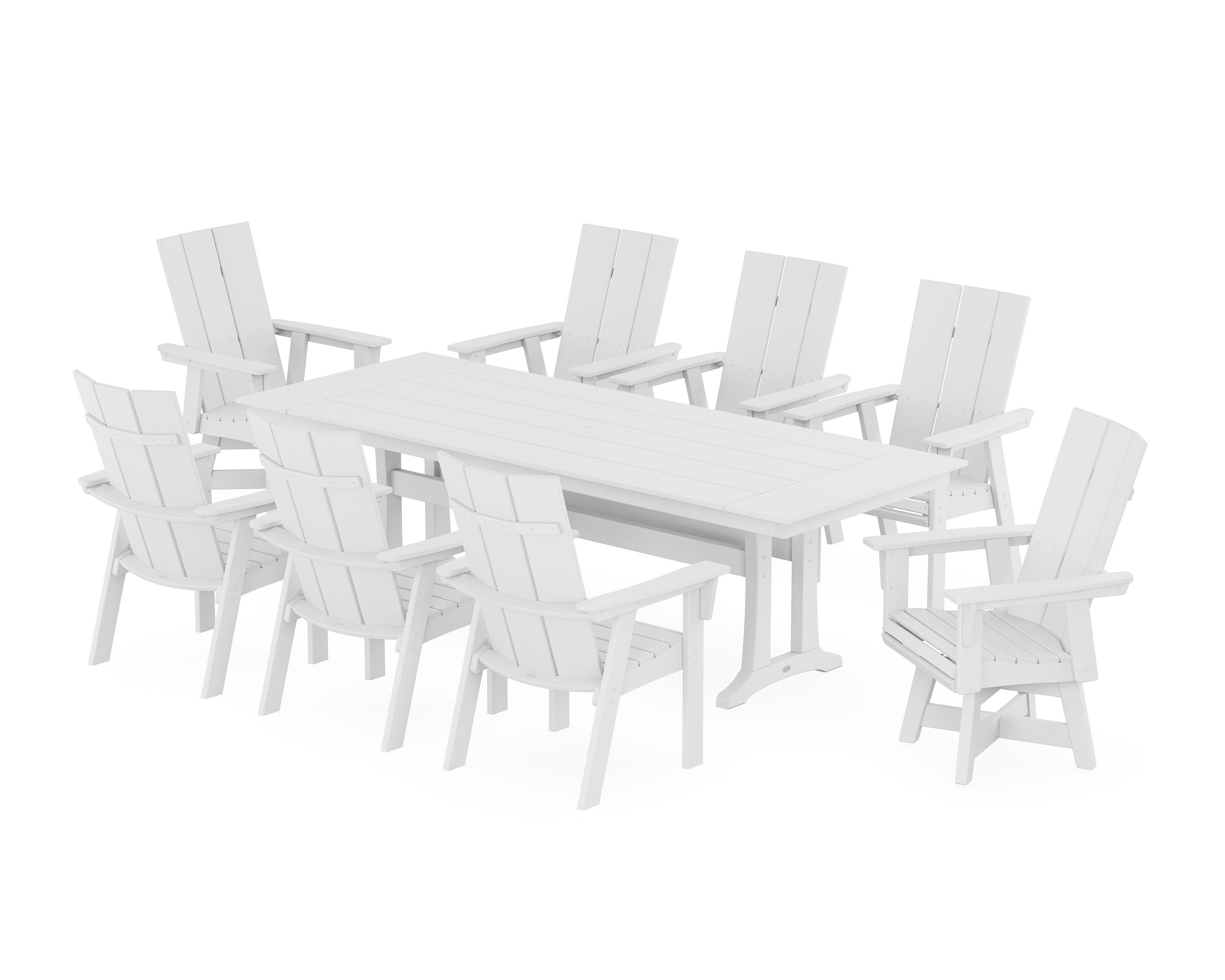 POLYWOOD® Modern Curveback Adirondack Swivel 9-Piece Farmhouse Dining Set with Trestle Legs in White
