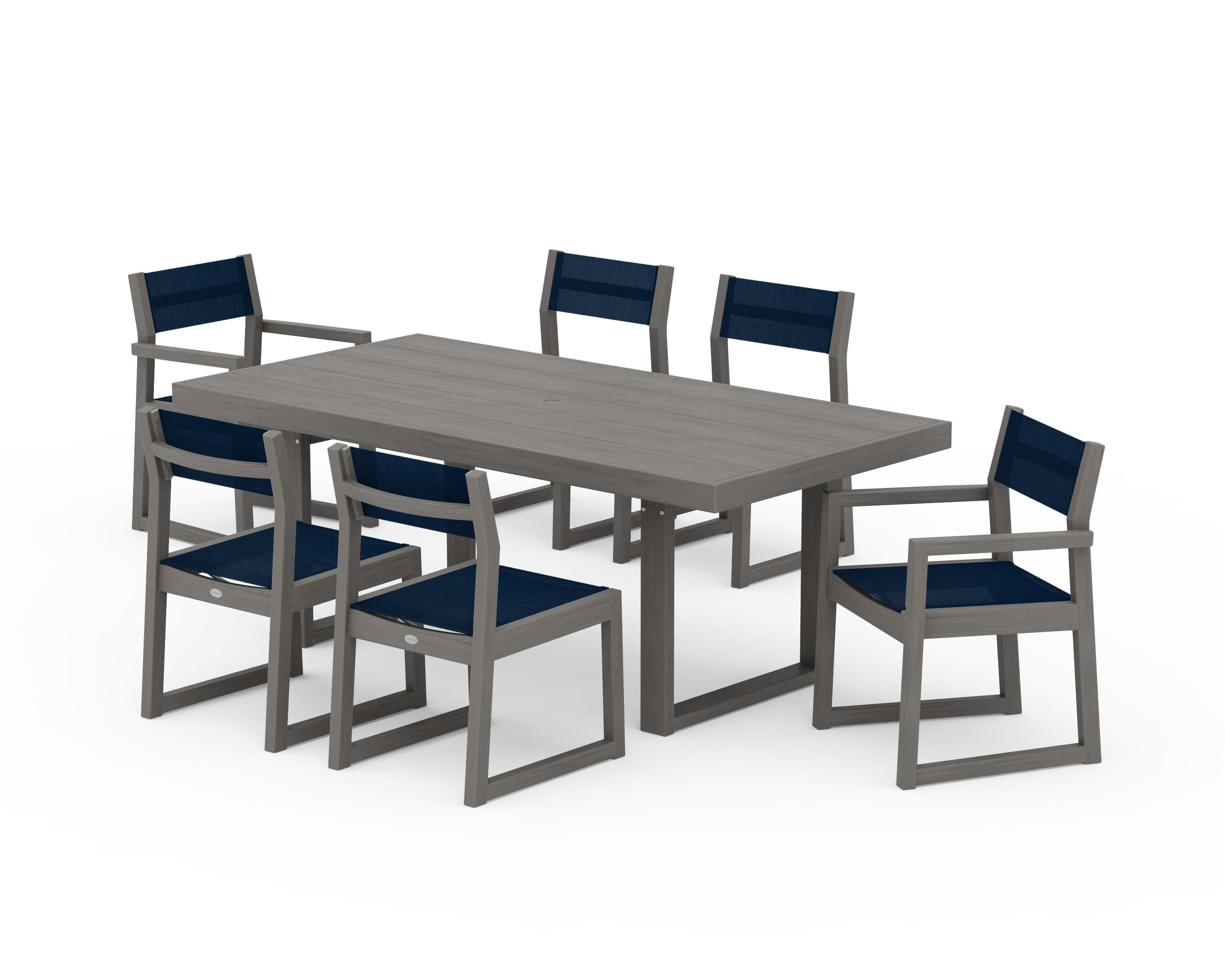 POLYWOOD EDGE Sling 7-Piece Dining Set in Driftwood / Navy Blue Sling