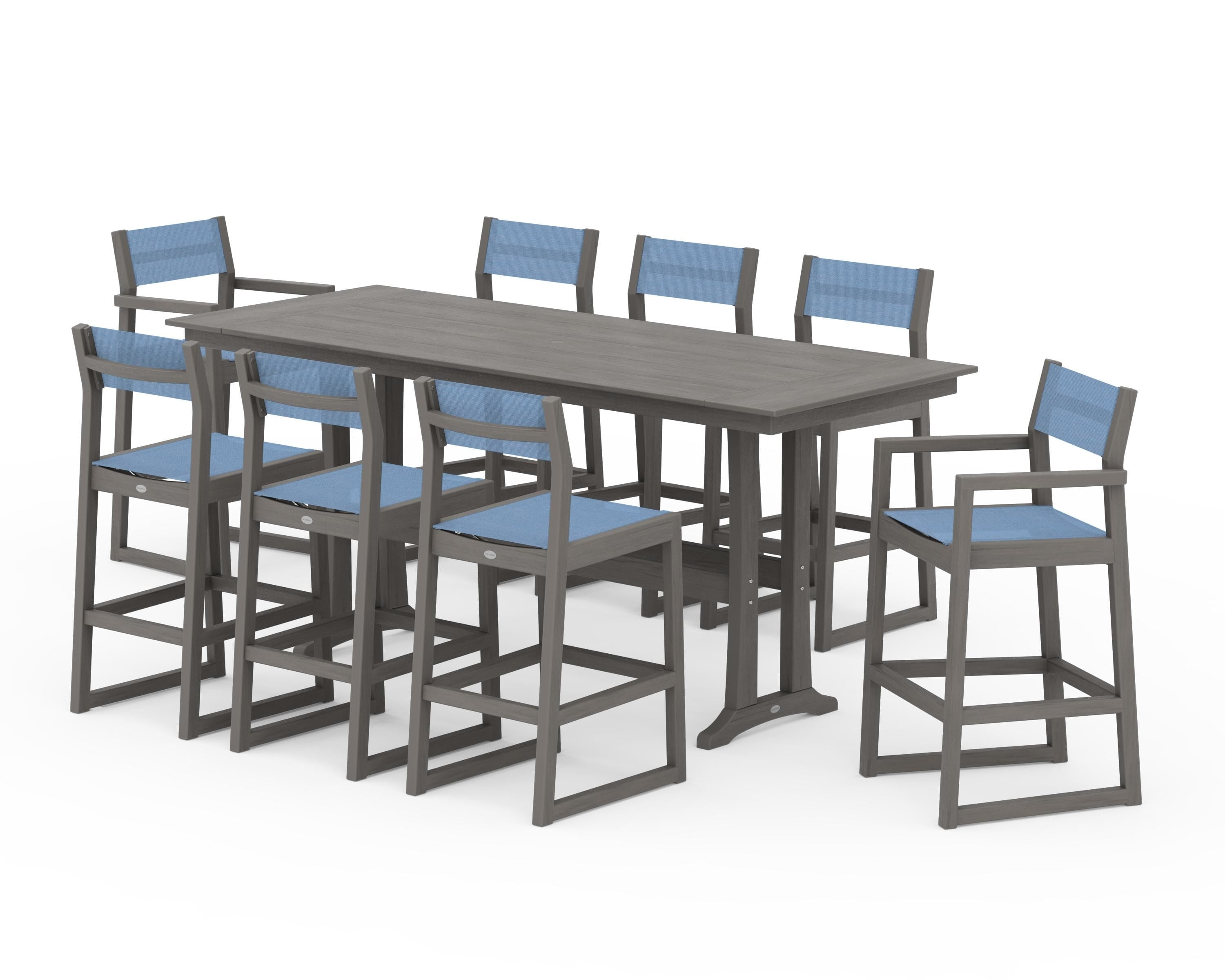 POLYWOOD EDGE Sling 9-Piece Farmhouse Bar Set with Trestle Legs in Driftwood / Poolside Sling