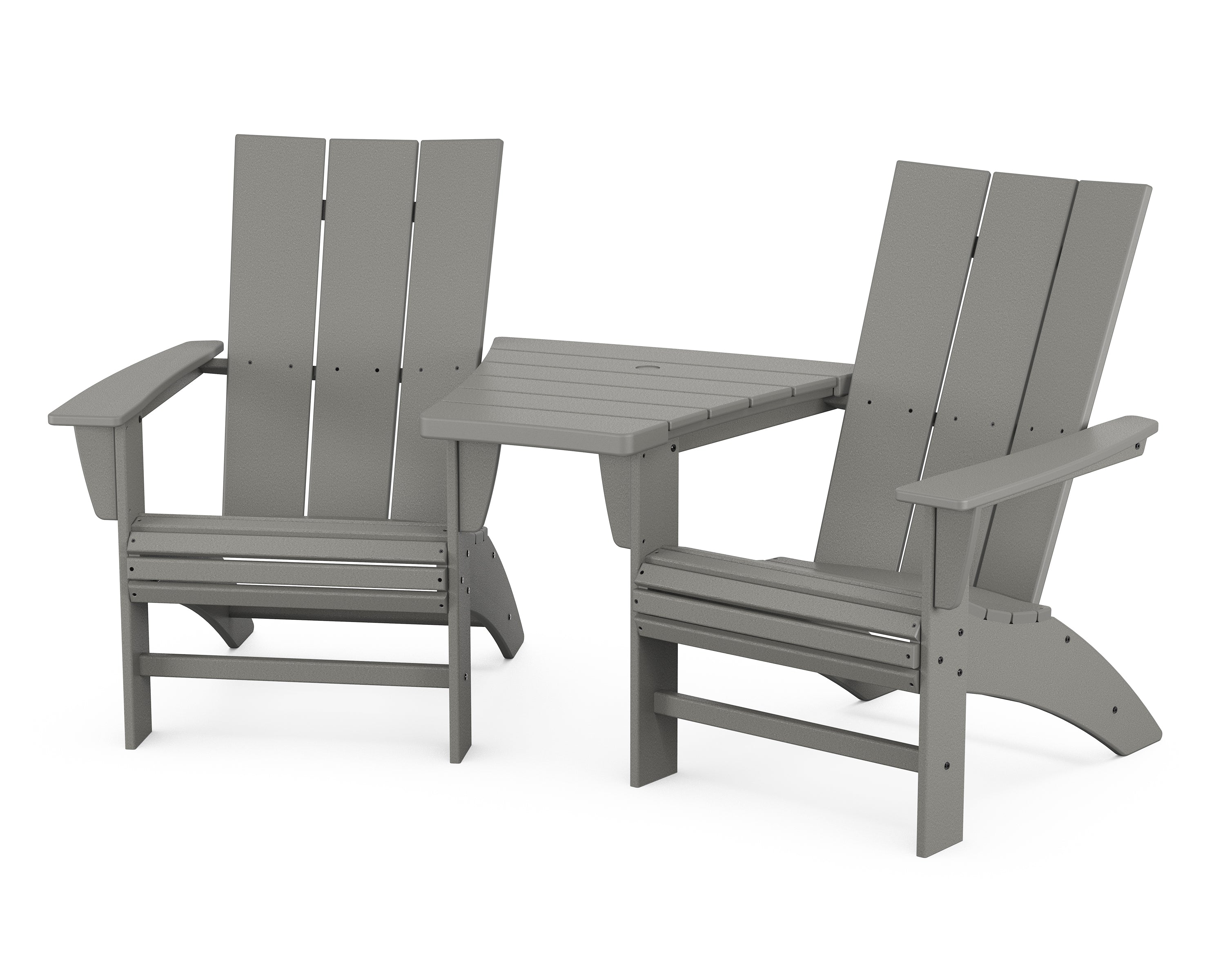 POLYWOOD® Modern 3-Piece Curveback Adirondack Set with Angled Connecting Table in Slate Grey