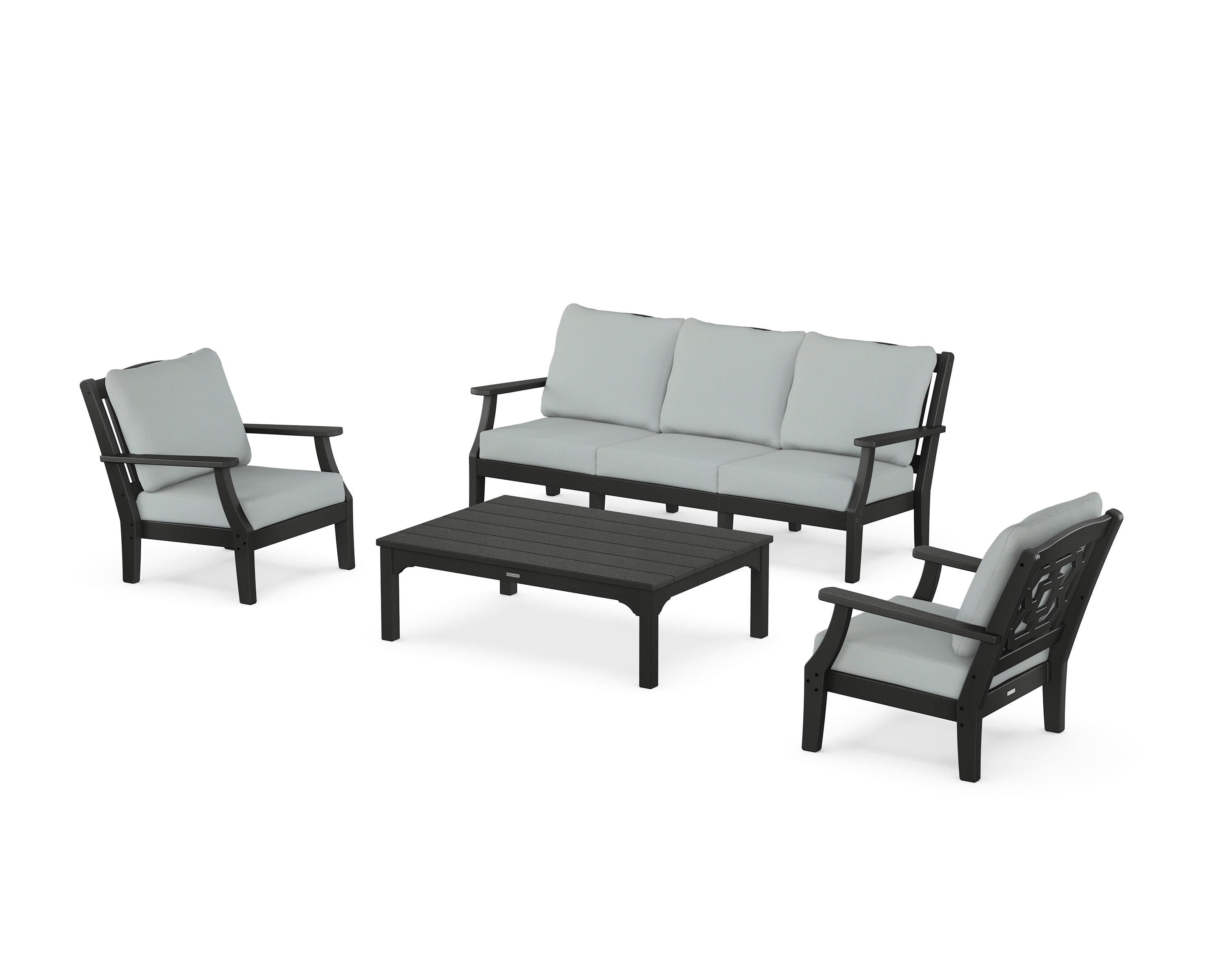 Martha Stewart by POLYWOOD Chinoiserie 4-Piece Deep Seating Set with Sofa in Black / Spa