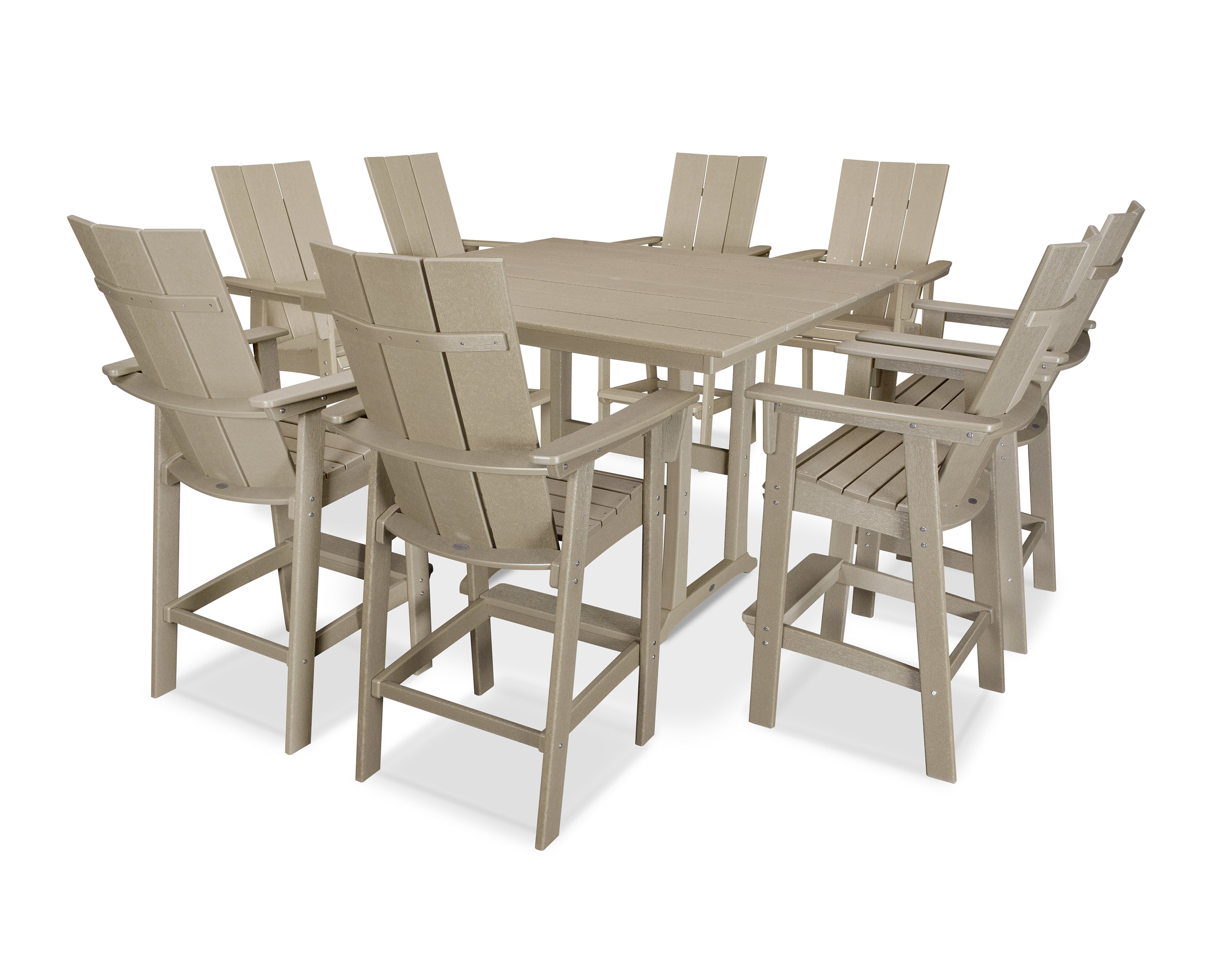 POLYWOOD® Modern Curveback Adirondack 9-Piece Farmhouse Trestle Bar Set in Vintage Sahara