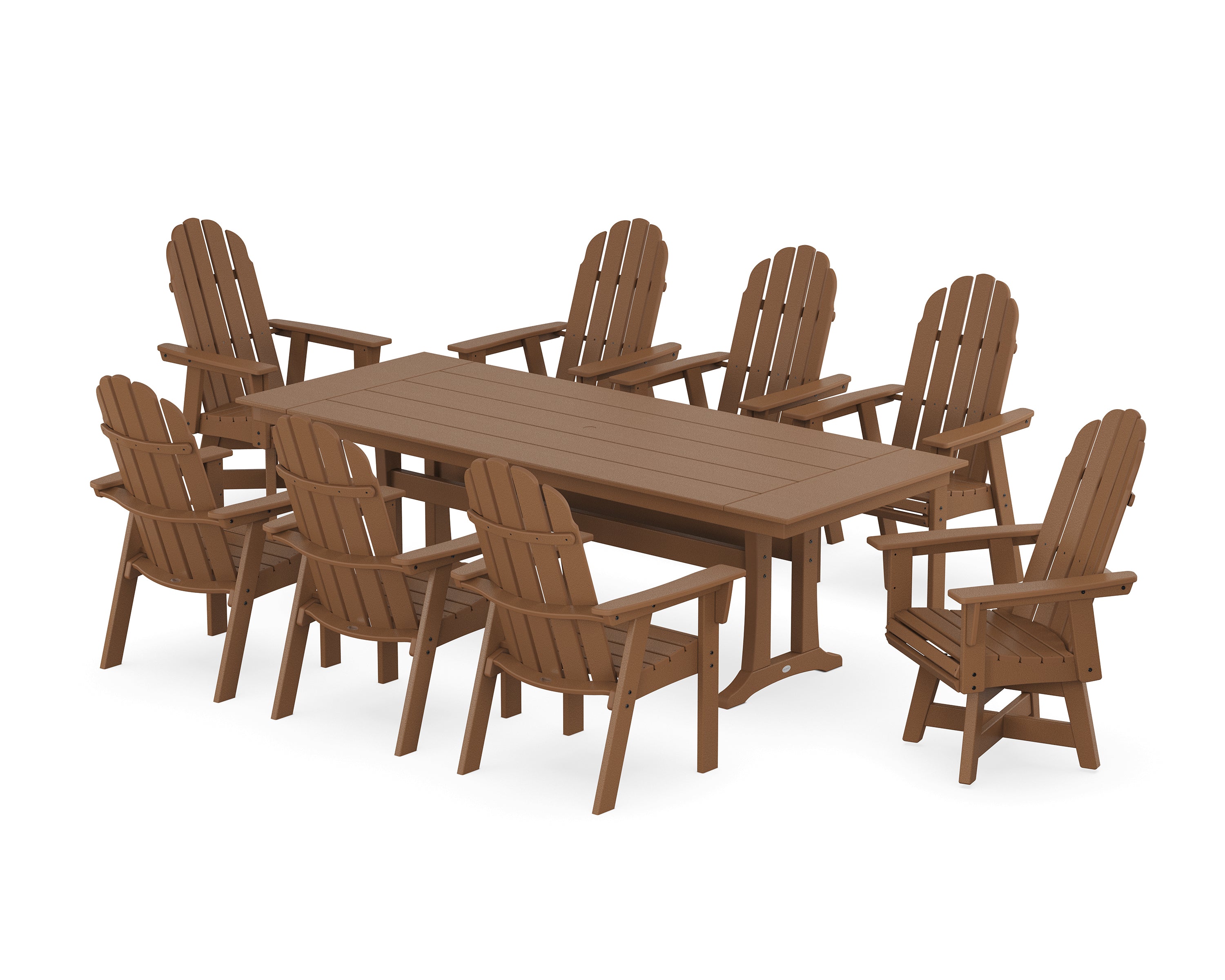 POLYWOOD® Vineyard 9-Piece Curveback Adirondack Swivel Farmhouse Dining Set with Trestle Legs in Teak