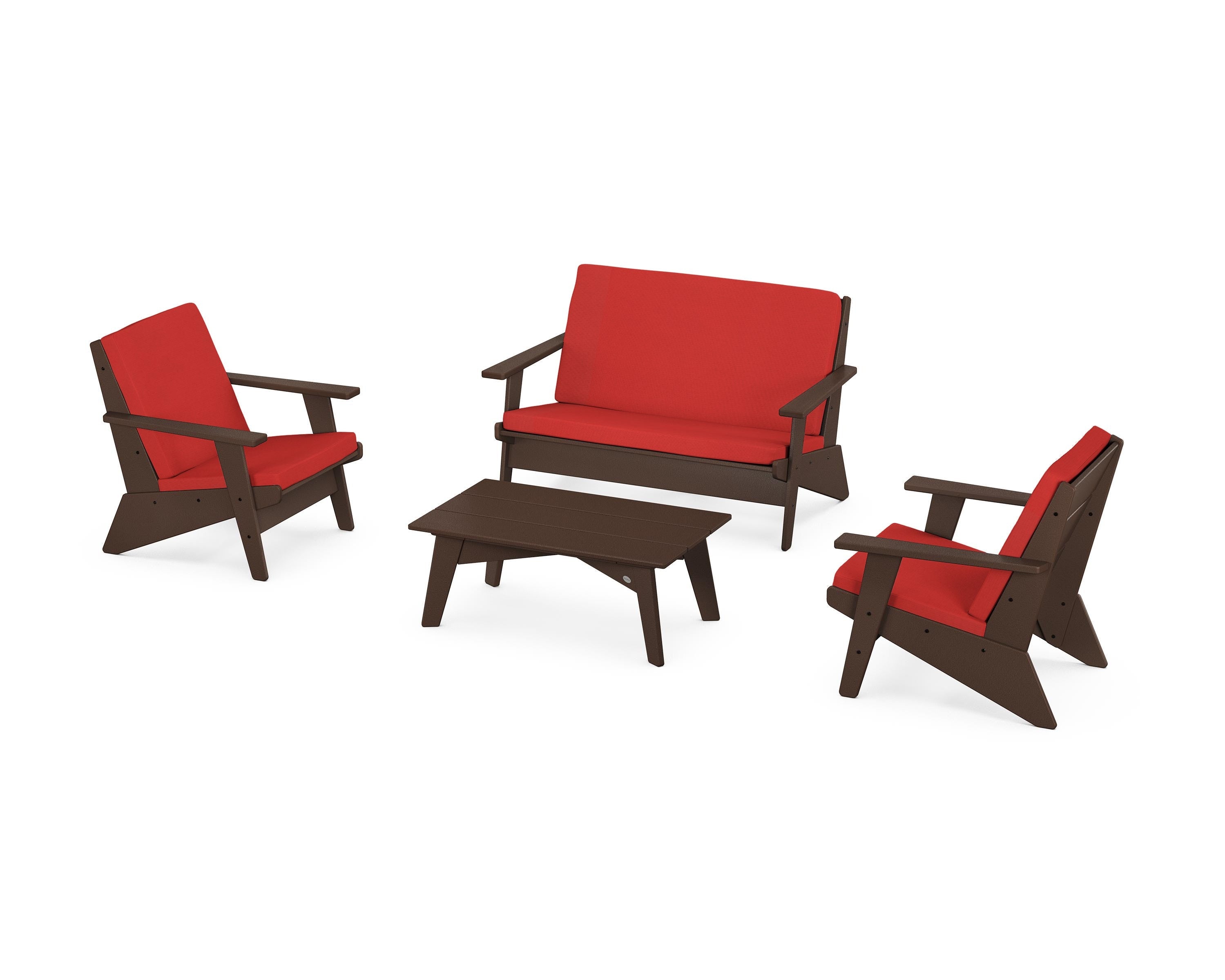 POLYWOOD Riviera Modern Lounge 4-Piece Set in Mahogany / Crimson Linen