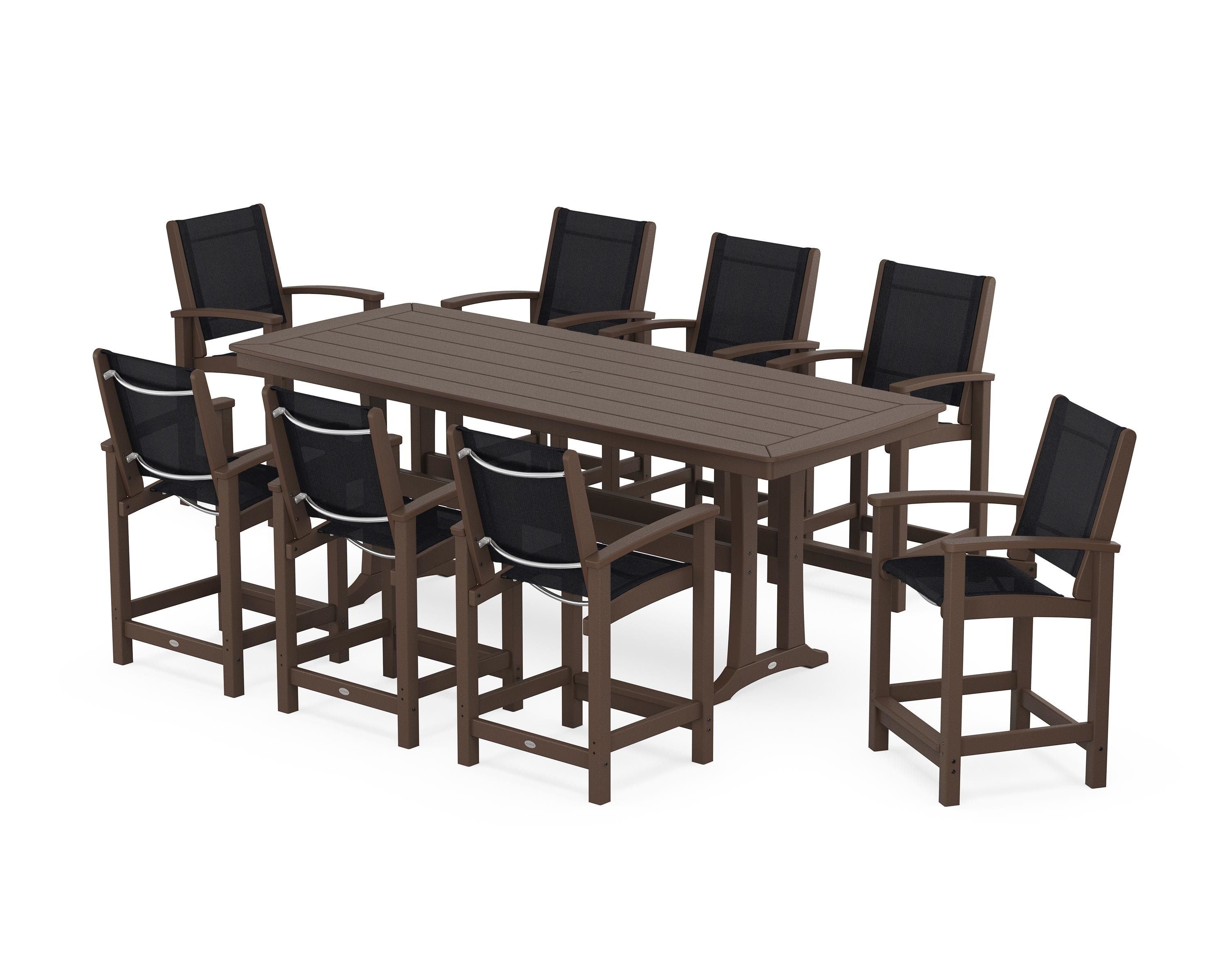 POLYWOOD Coastal 9-Piece Counter Set with Trestle Legs in Mahogany / Black Sling