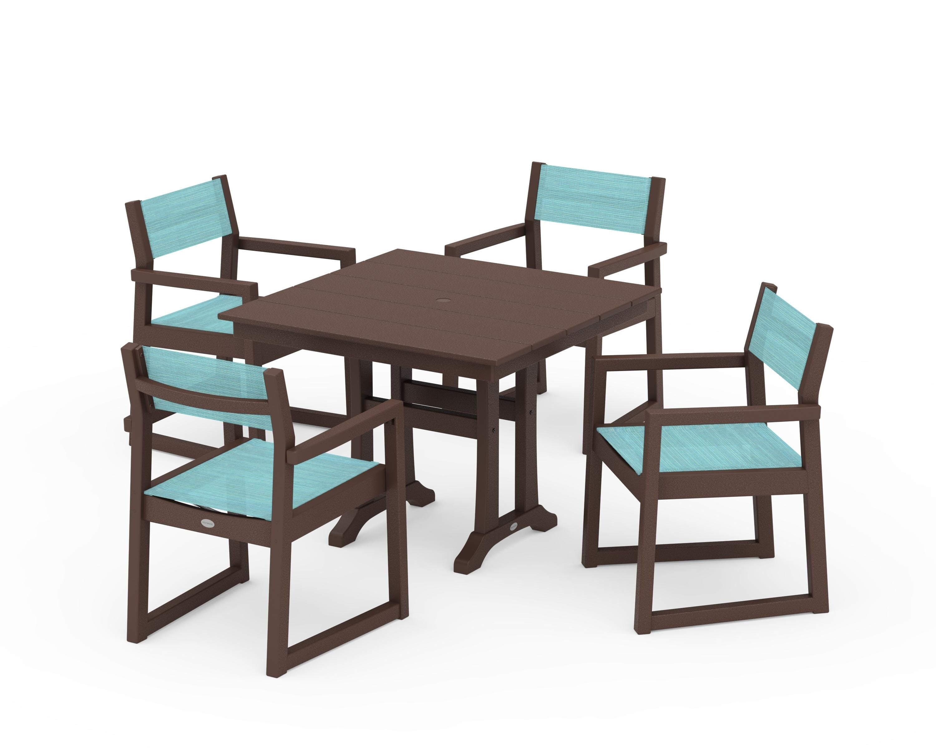 POLYWOOD EDGE Sling 5-Piece Farmhouse Dining Set with Trestle Legs in Mahogany / Dupioni Aquamarine Sling