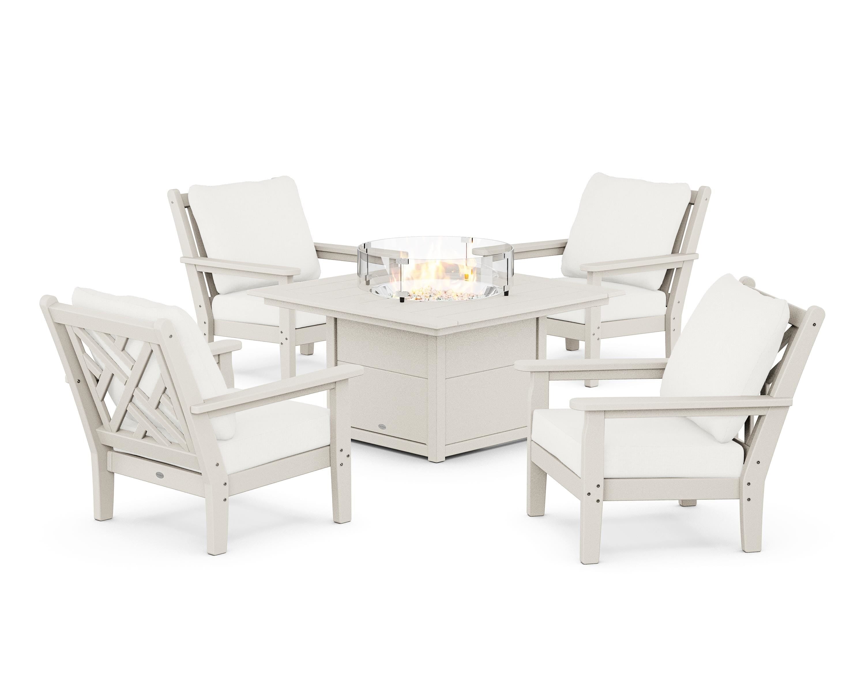 POLYWOOD Chippendale 5-Piece Deep Seating Set with Fire Pit Table in Sand / Natural Linen