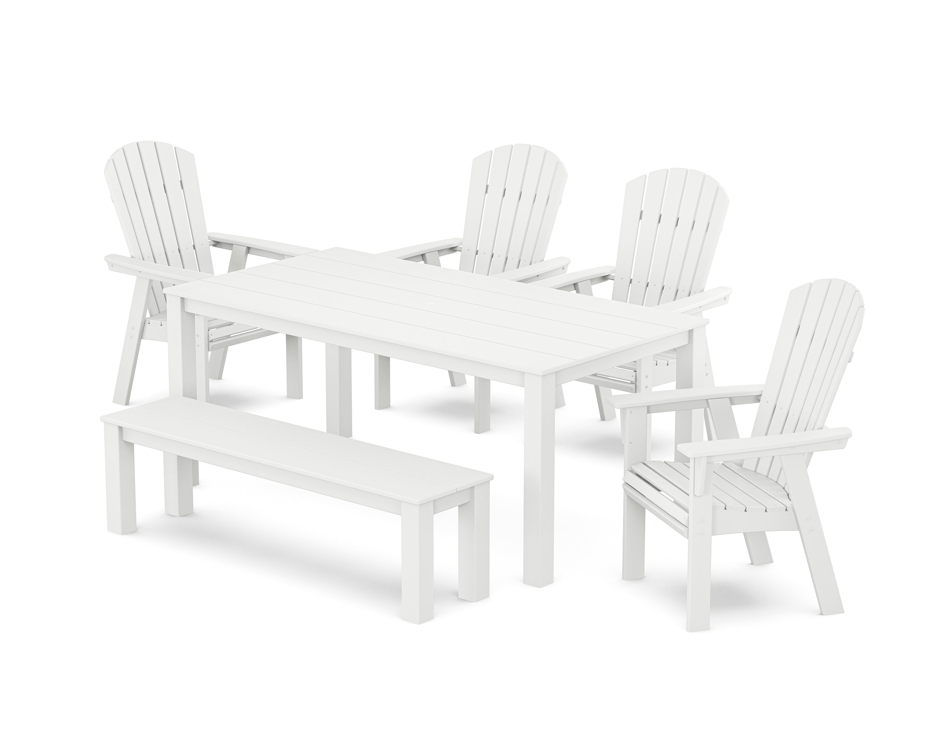 POLYWOOD Nautical Curveback Adirondack 6-Piece Parsons Dining Set with Bench in White