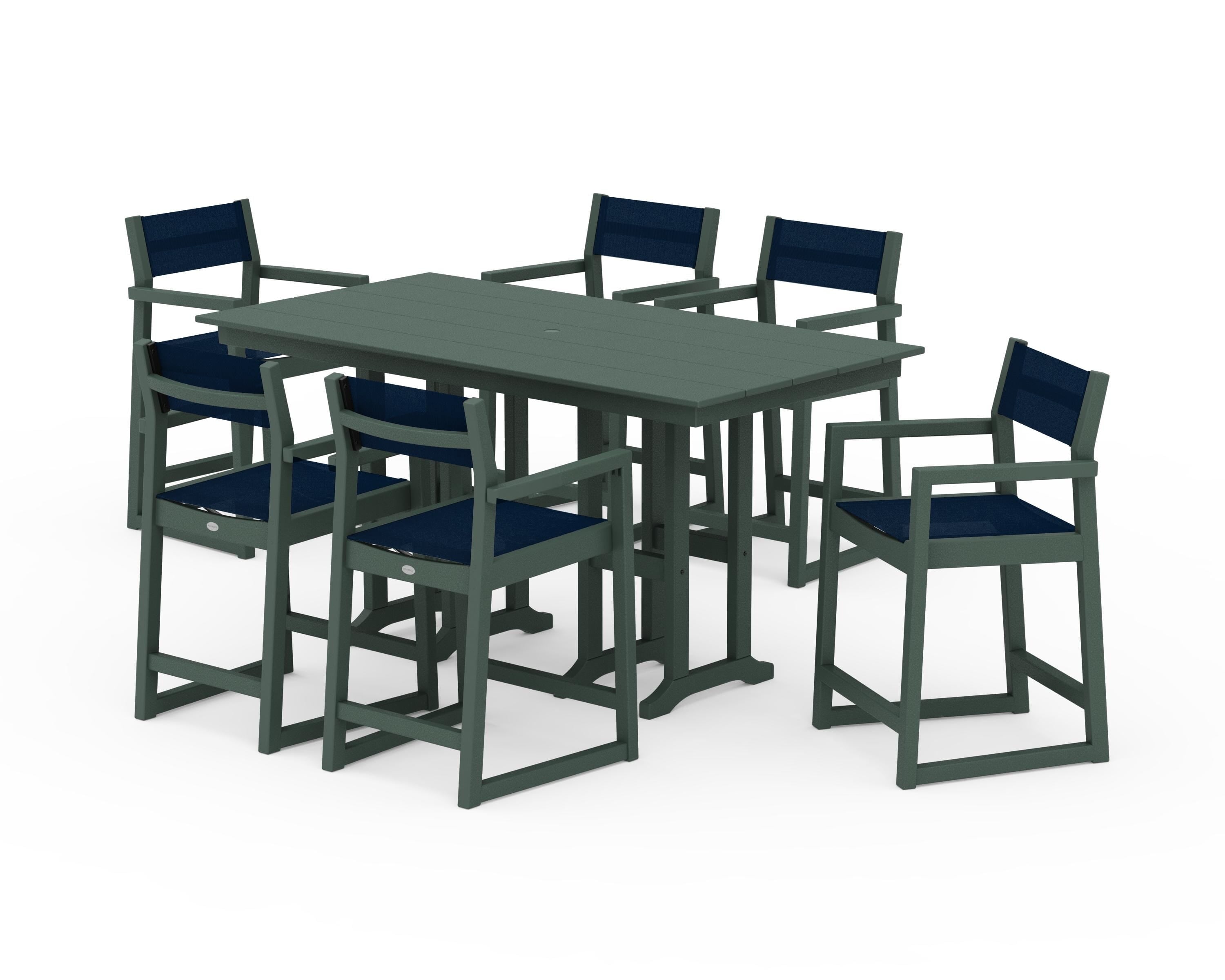 POLYWOOD EDGE Sling Arm Chair 7-Piece Farmhouse Counter Set in Green / Navy Blue Sling