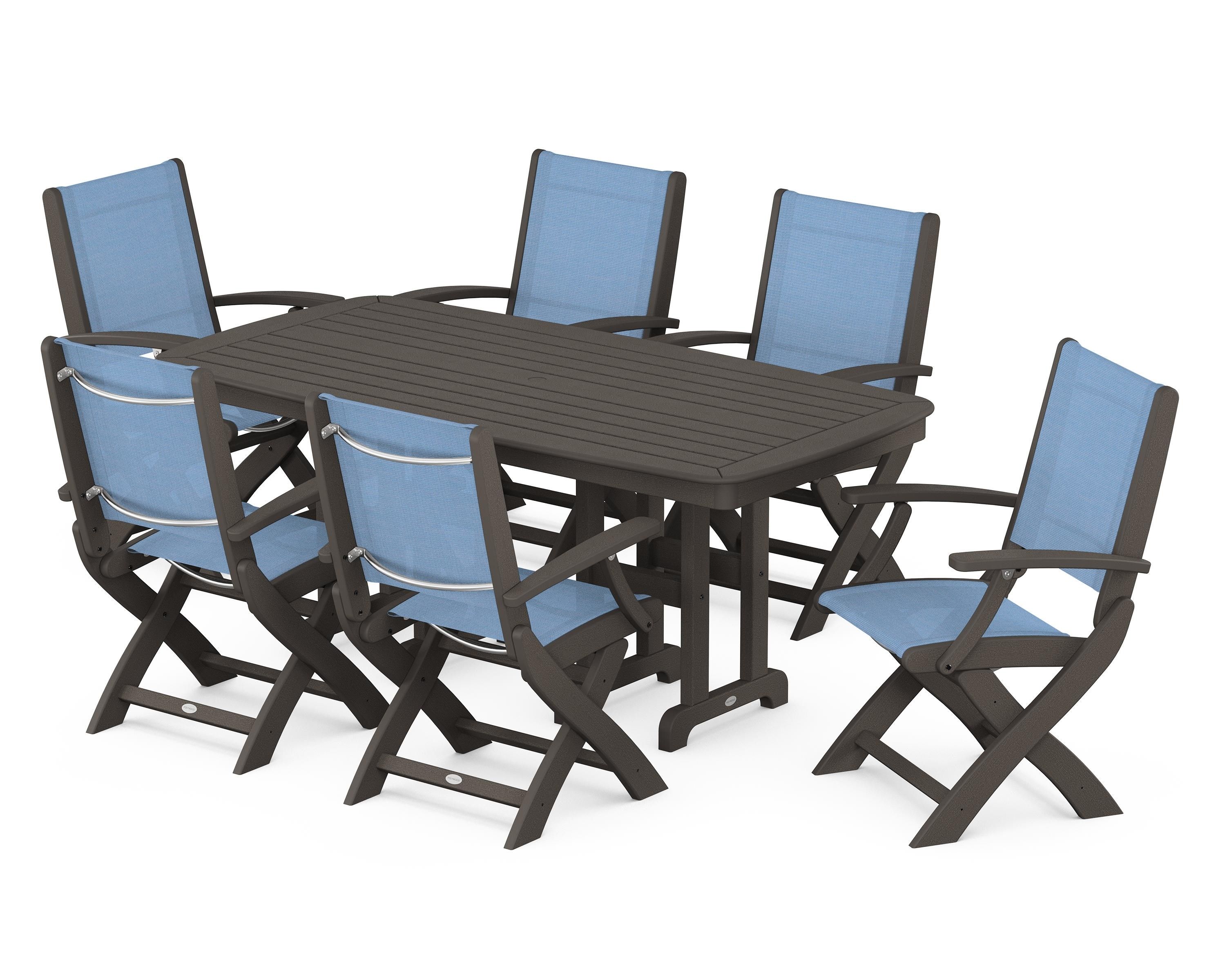 POLYWOOD Coastal Folding Arm Chair 7-Piece Dining Set in Vintage Coffee / Poolside Sling