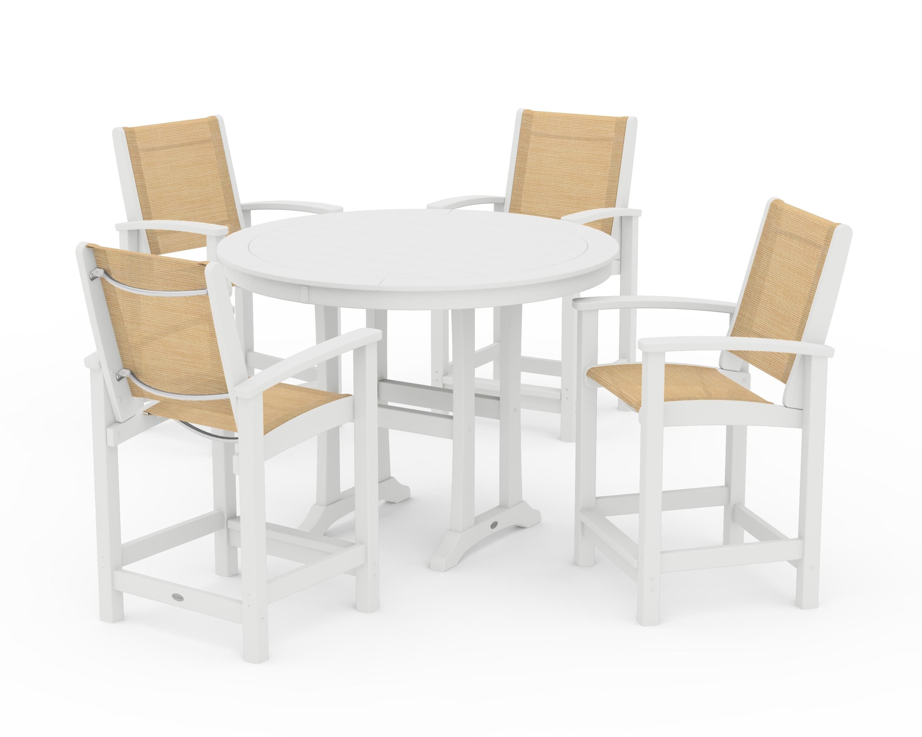 POLYWOOD Coastal 5-Piece Counter Set in White / Dupioni Apricot Sling
