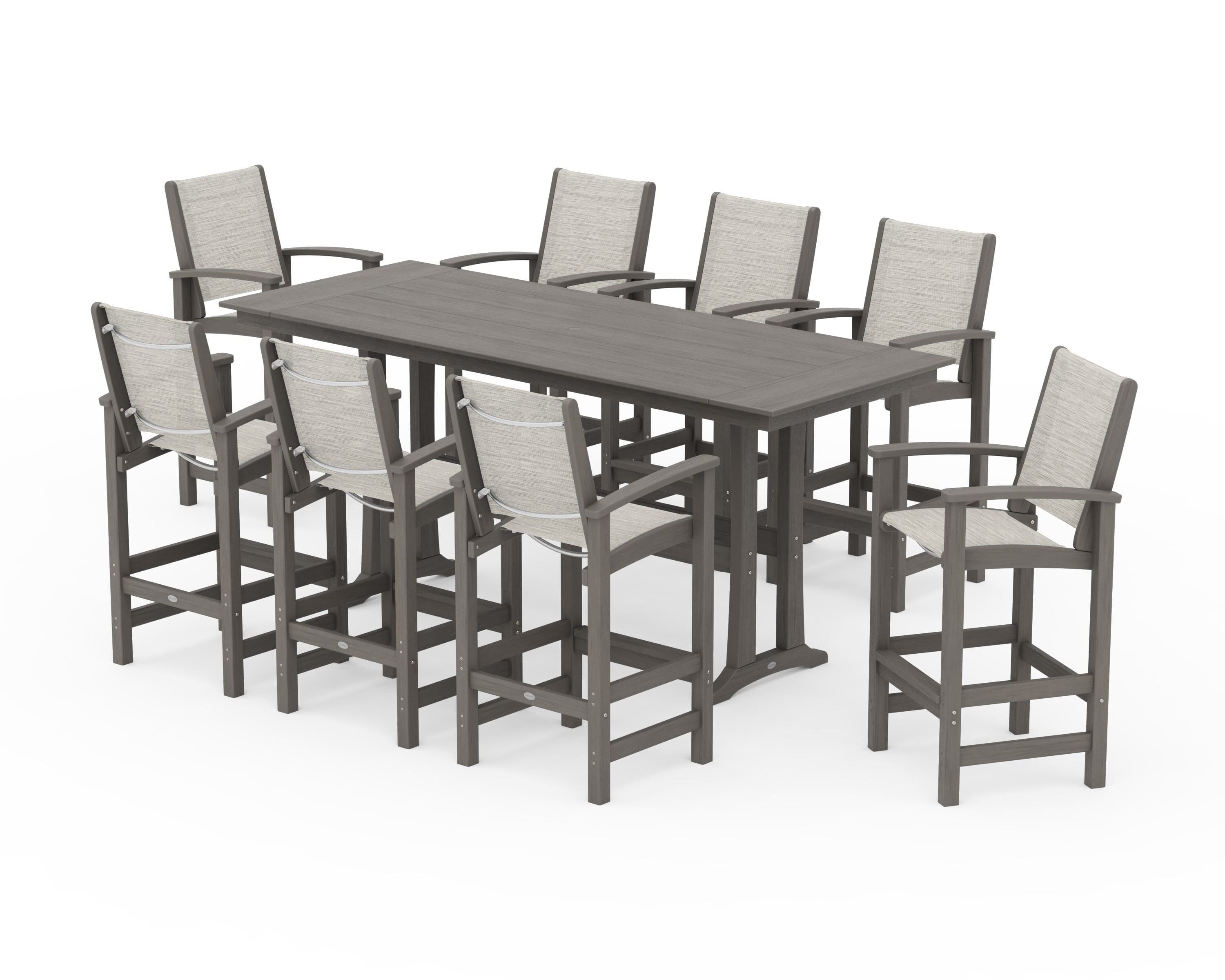 POLYWOOD Coastal 9-Piece Farmhouse Bar Set with Trestle Legs in Driftwood / Birch Sling