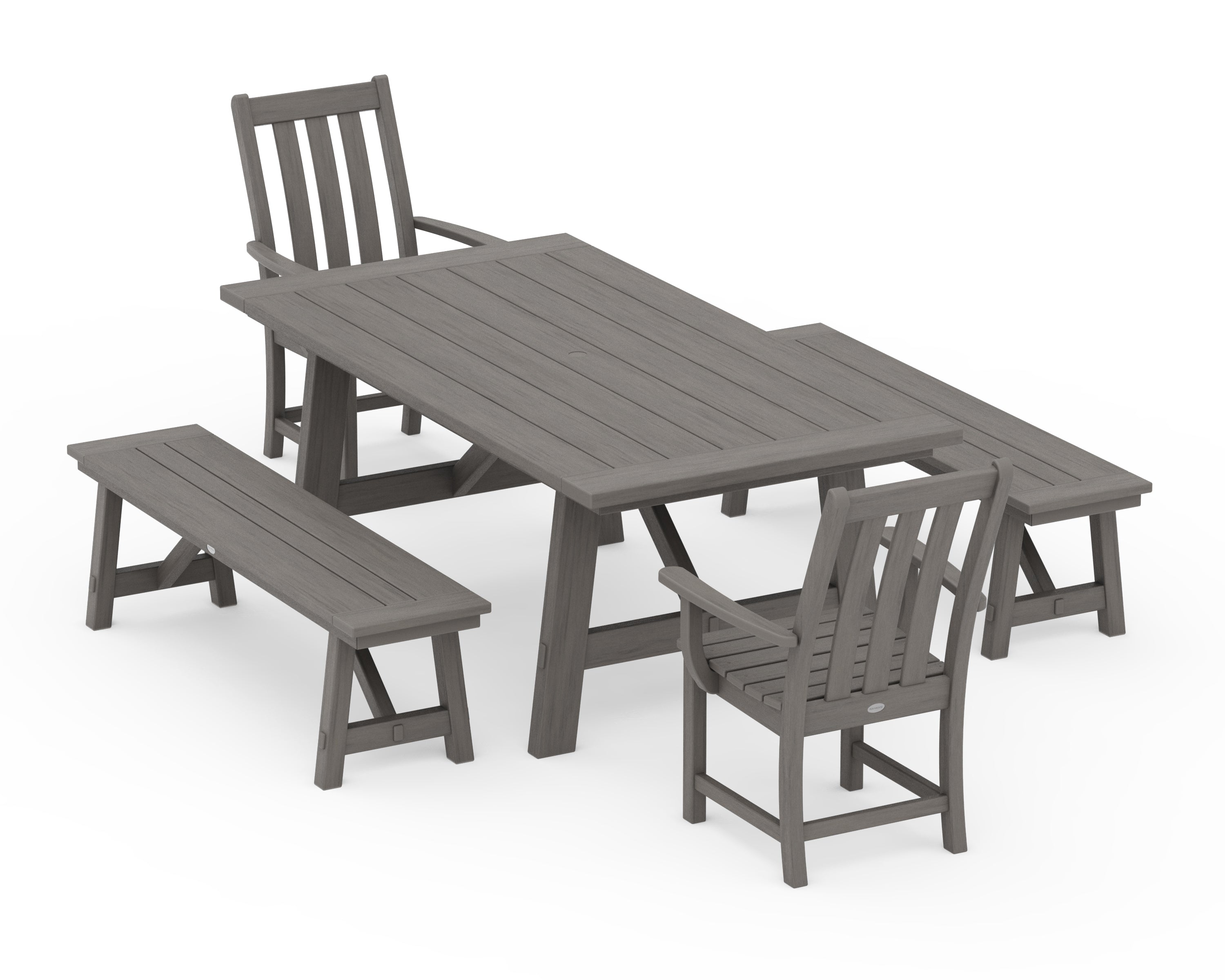 POLYWOOD Vineyard 5-Piece Rustic Farmhouse Dining Set With Benches in Driftwood