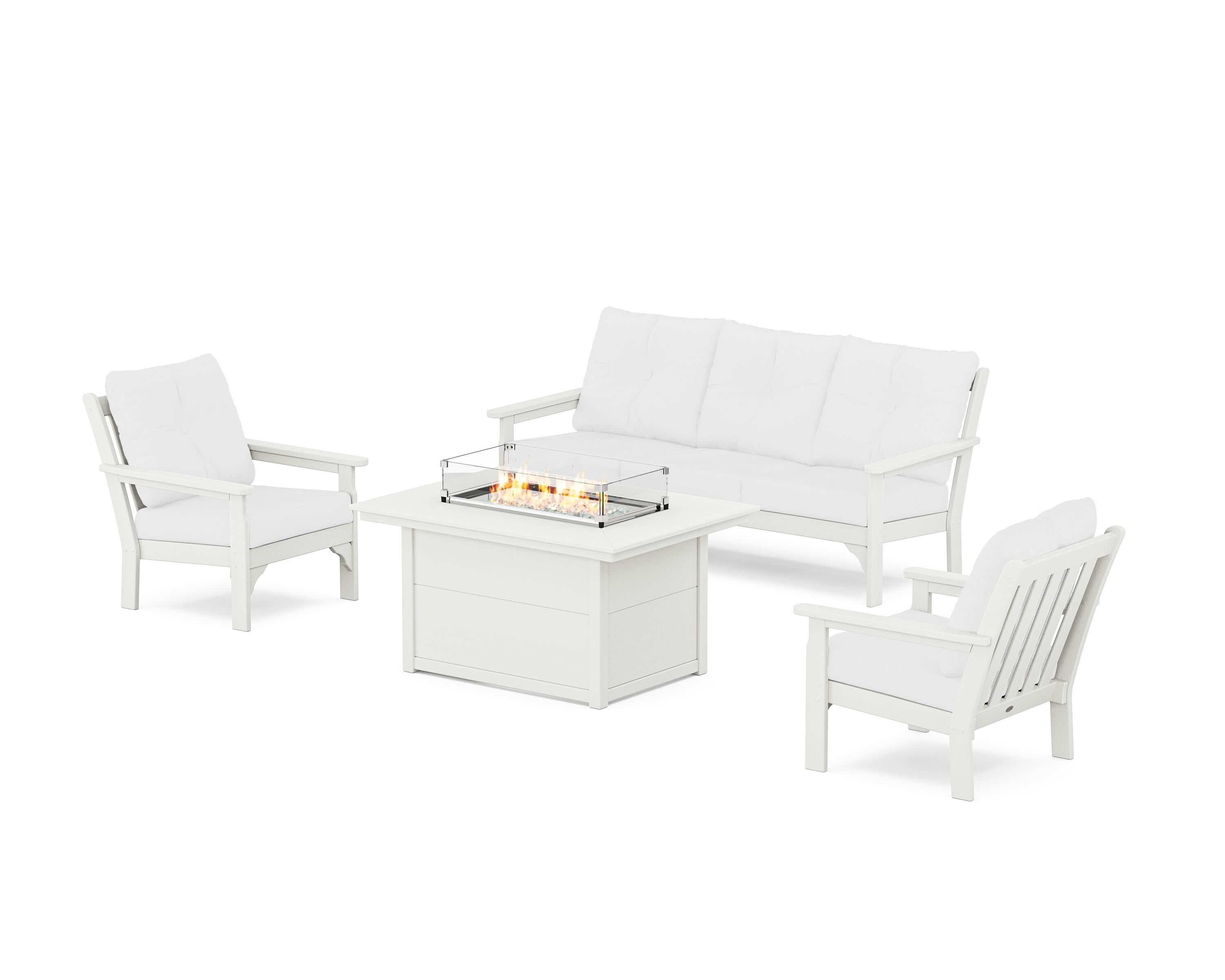 POLYWOOD Vineyard Deep Seating Fire Pit Table Set in Vintage White / Natural