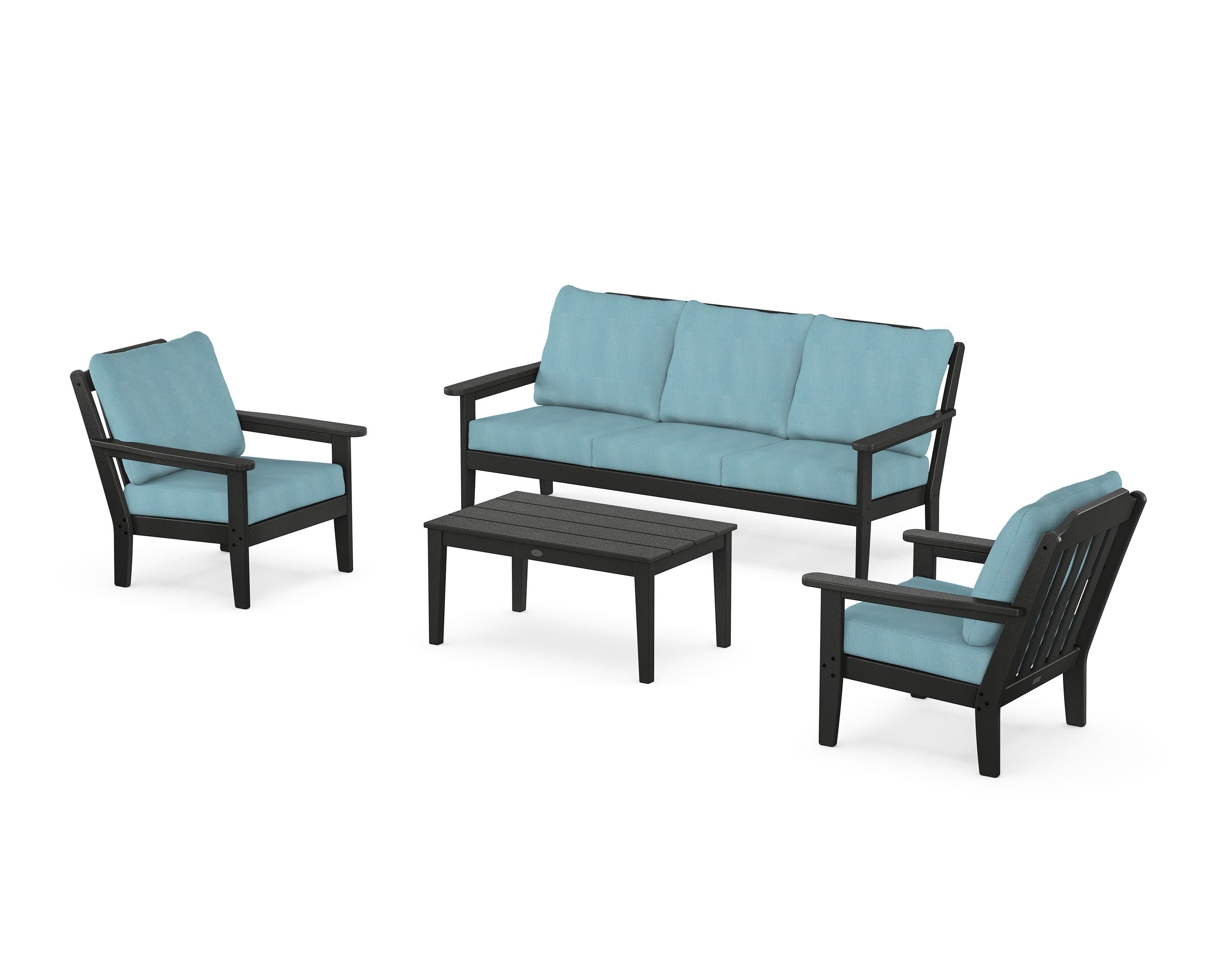 Country Living Cottage 4-Piece Deep Seating Set with Sofa in Black / Lattice Sky Blue
