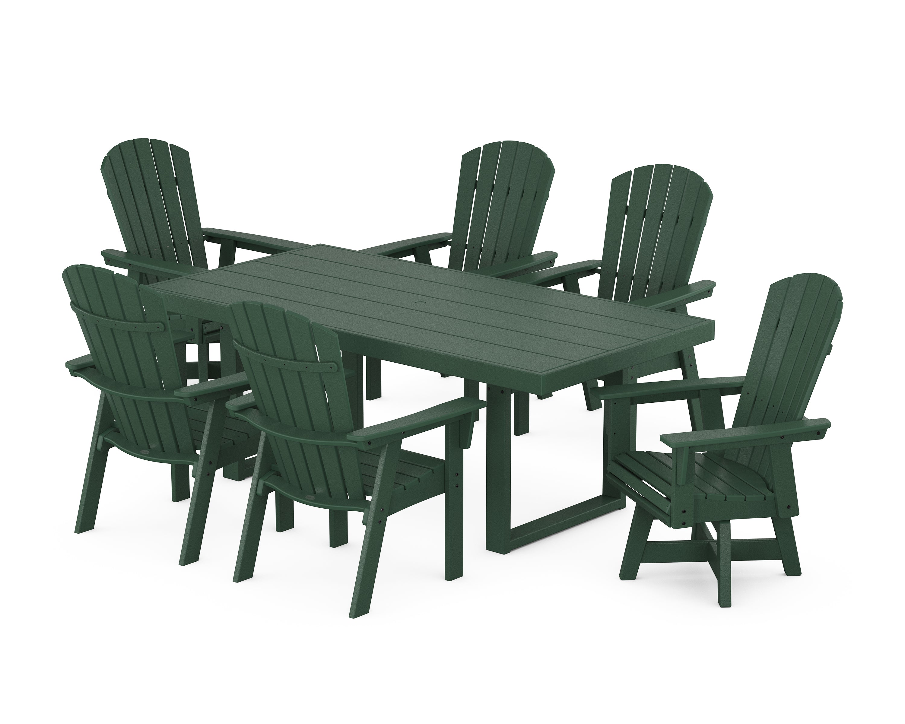POLYWOOD Nautical Curveback Adirondack Swivel Chair 7-Piece Dining Set in Green