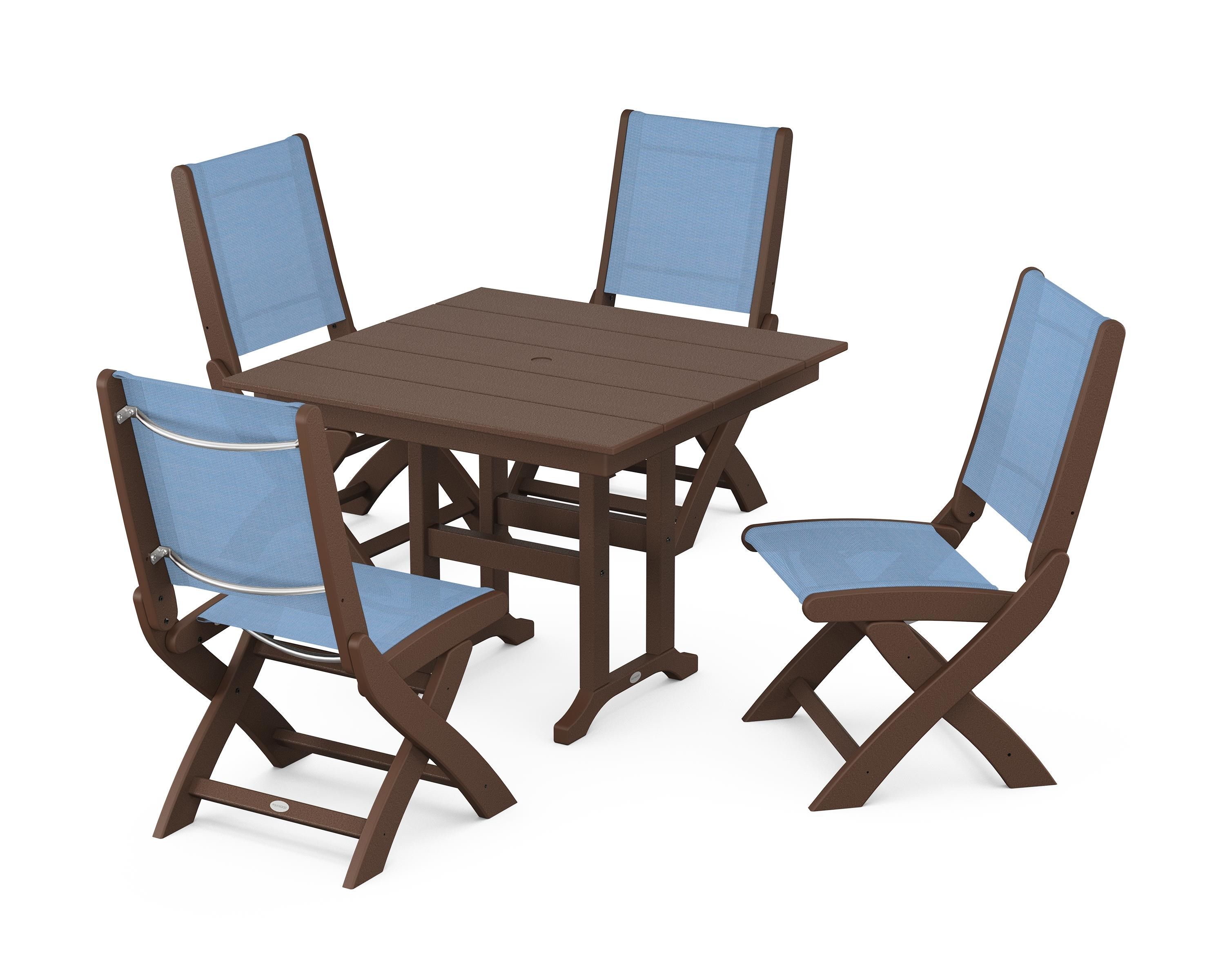 POLYWOOD Coastal Folding Side Chair 5-Piece Farmhouse Dining Set in Mahogany / Poolside Sling