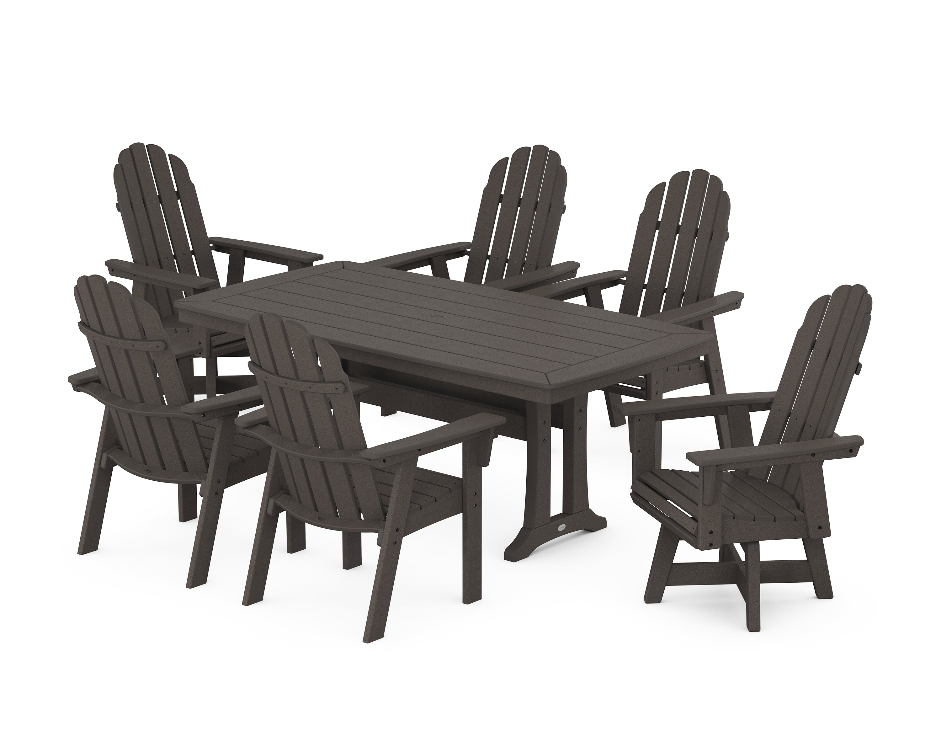 POLYWOOD® Vineyard Curveback Adirondack Swivel Chair 7-Piece Dining Set with Trestle Legs in Vintage Coffee