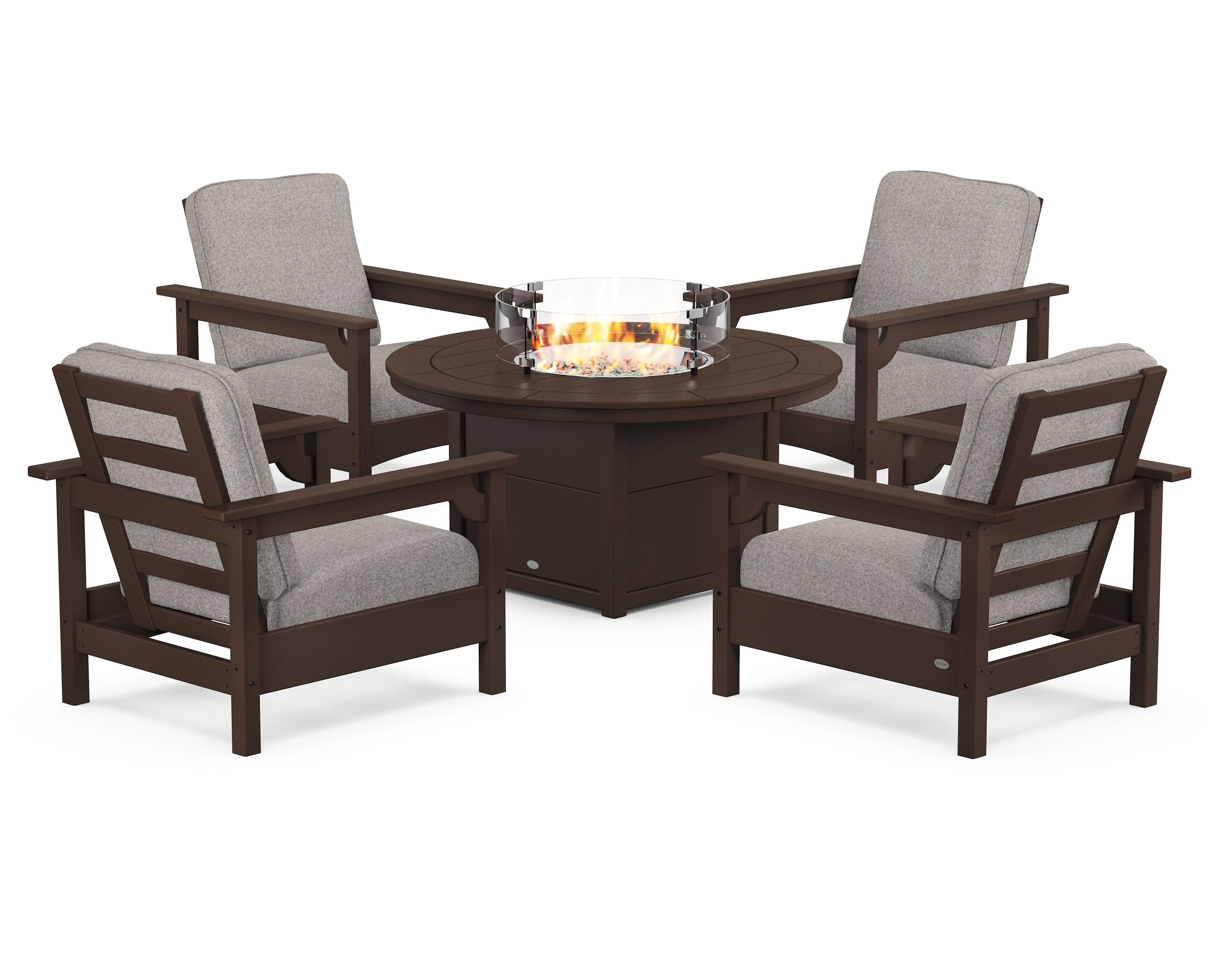 POLYWOOD Club 5-Piece Conversation Set with Fire Pit Table in Mahogany / Weathered Tweed
