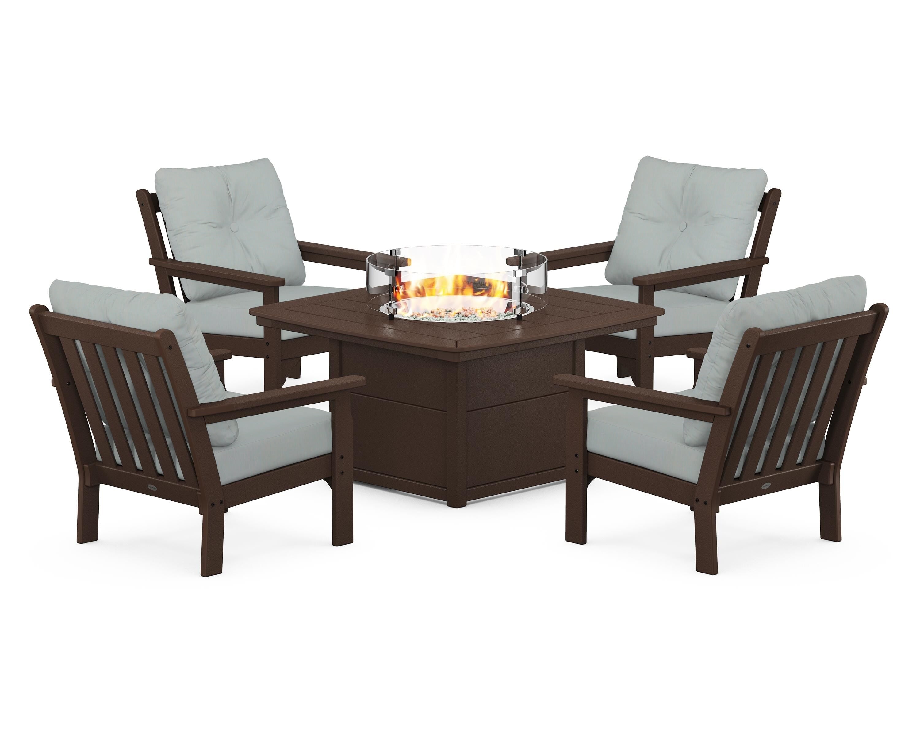 POLYWOOD Vineyard 5-Piece Conversation Set with Fire Pit Table in Mahogany / Spa