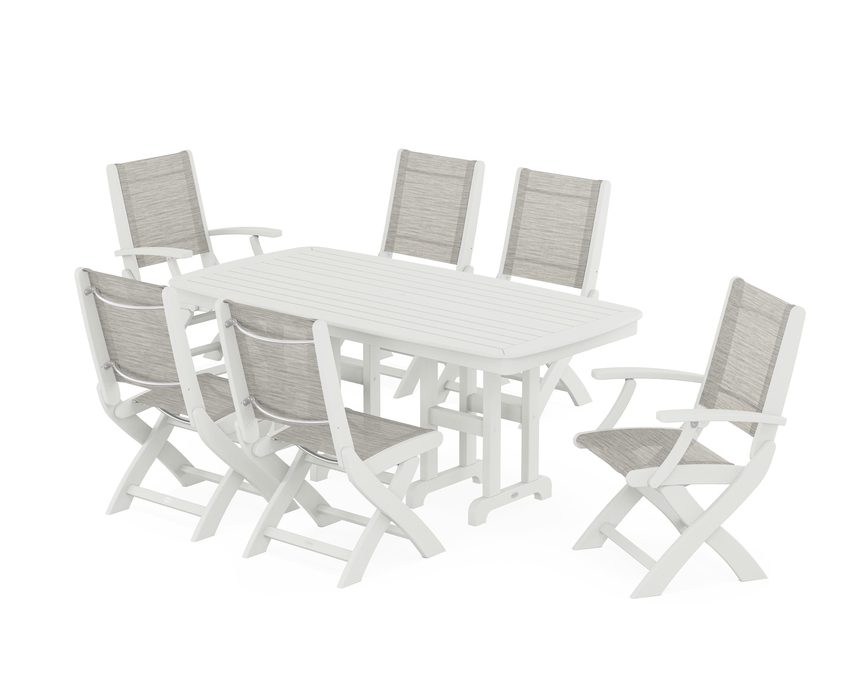 POLYWOOD Coastal Folding Chair 7-Piece Dining Set in Vintage White / Birch Sling