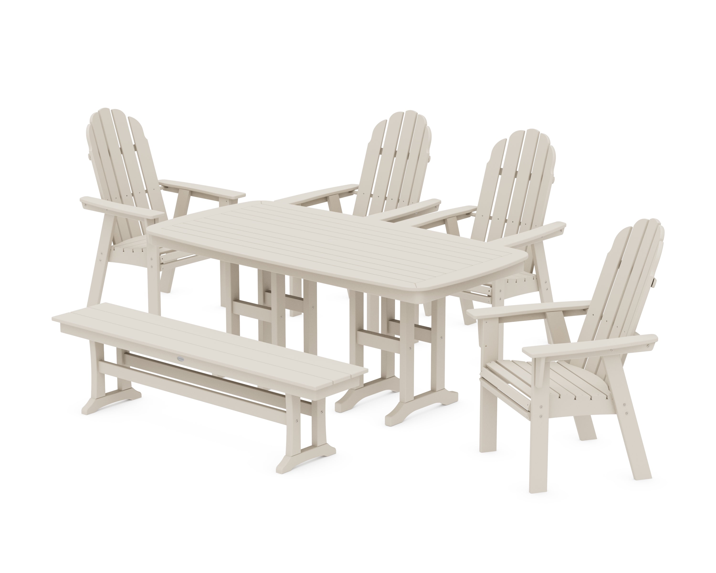 POLYWOOD Vineyard Curveback Adirondack Chair 6-Piece Dining Set with Bench in Sand