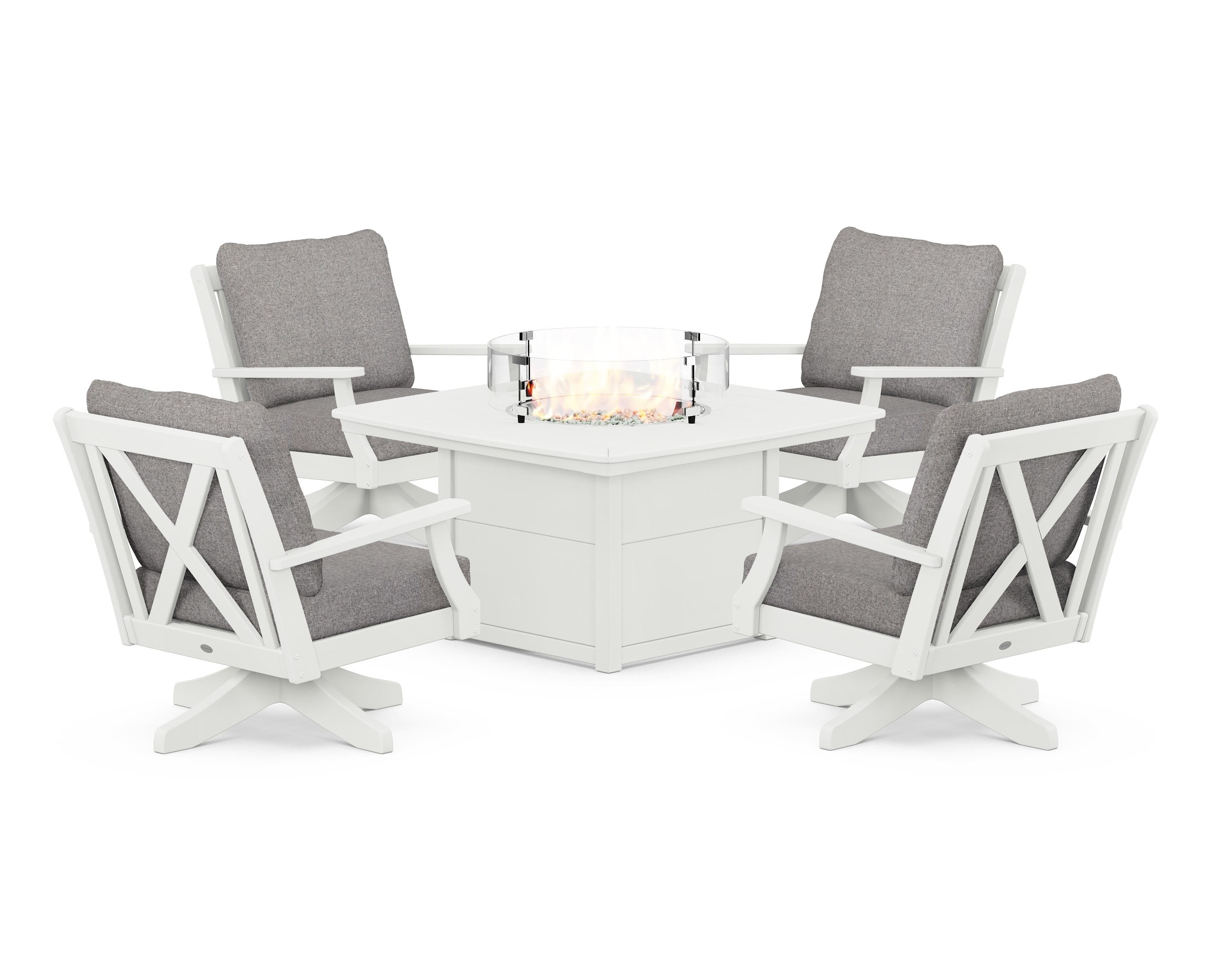 POLYWOOD Braxton 5-Piece Deep Seating Swivel Conversation Set with Fire Pit Table in Vintage White / Grey Mist
