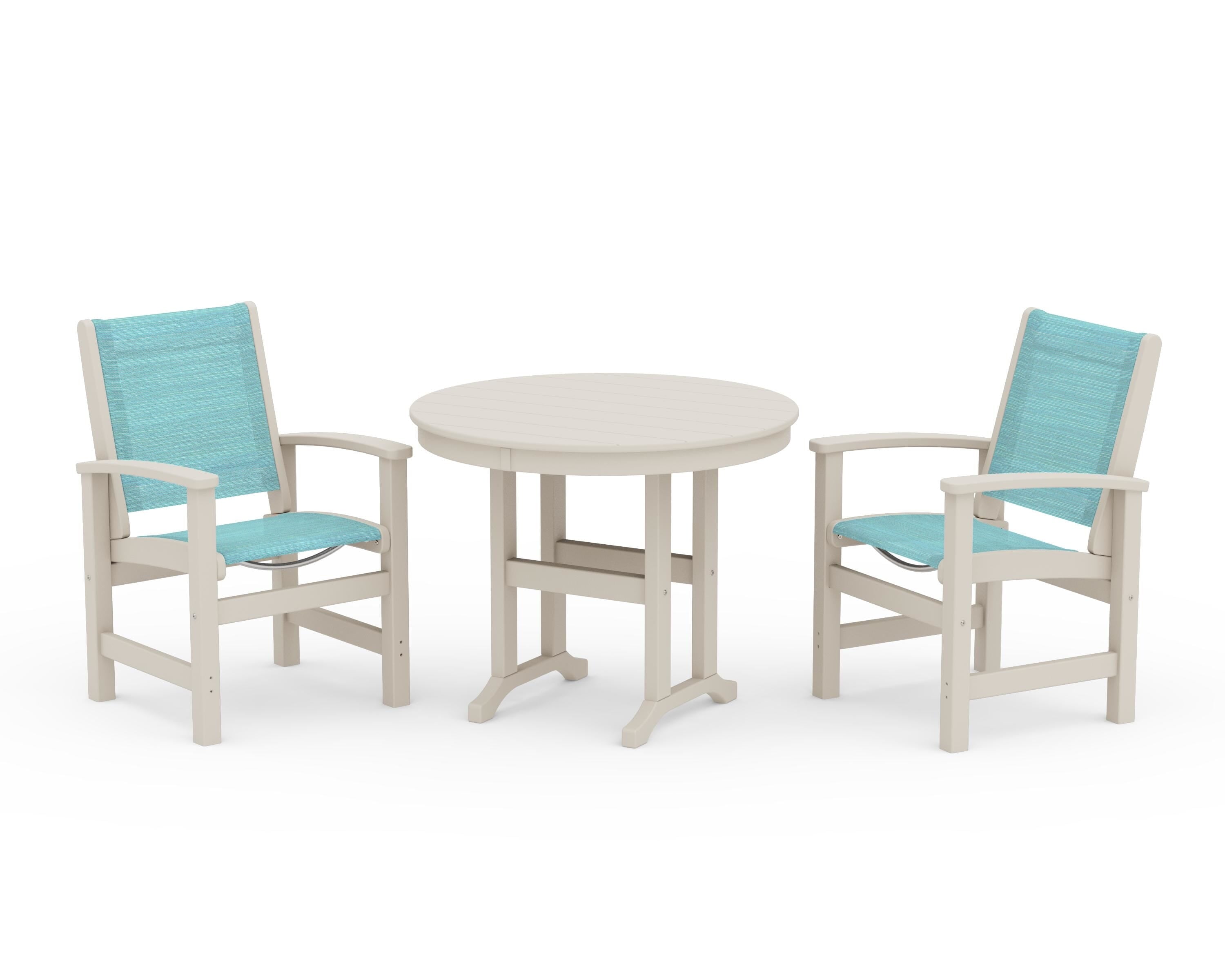 POLYWOOD Coastal 3-Piece Round Dining Set in Sand / Dupioni Aquamarine Sling