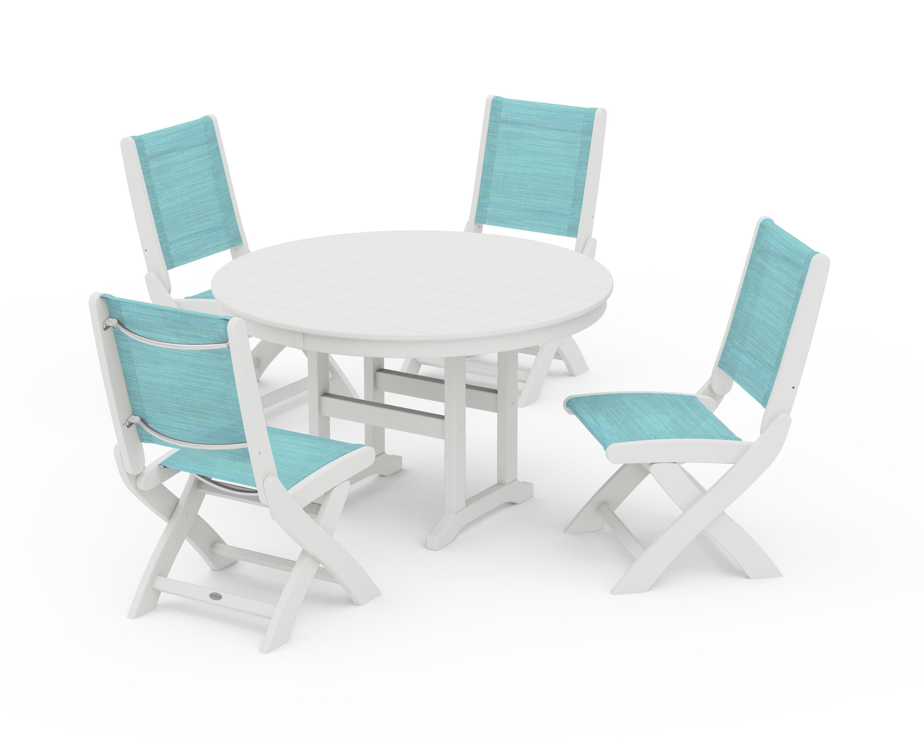 POLYWOOD Coastal Folding Side Chair 5-Piece Round Dining Set in Vintage White / Dupioni Aquamarine Sling