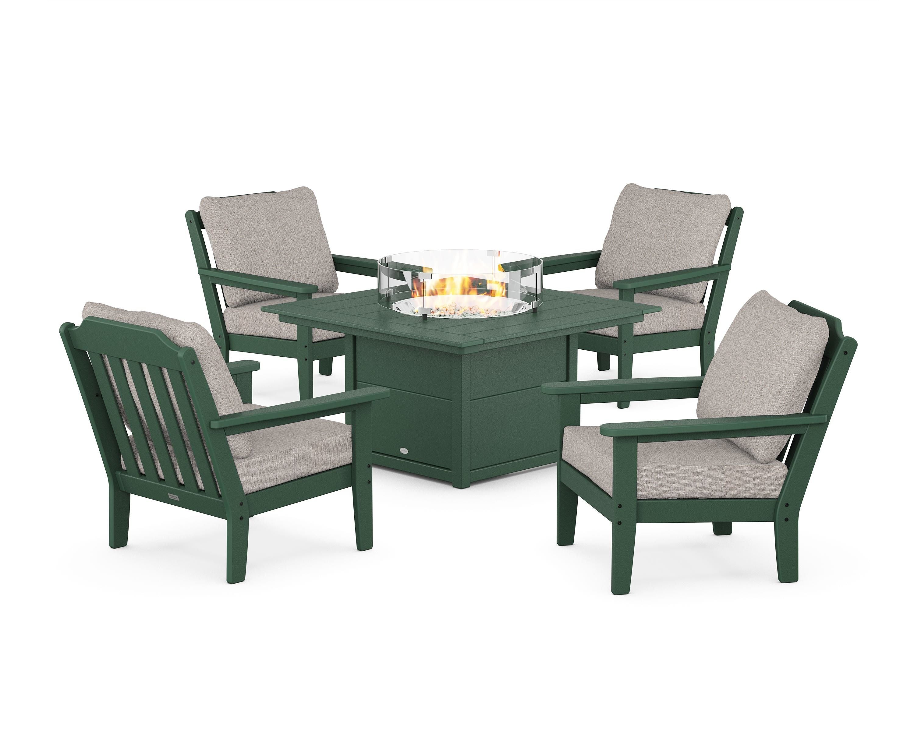 Country Living Cottage 5-Piece Deep Seating Set with Fire Pit Table in Green / Weathered Tweed