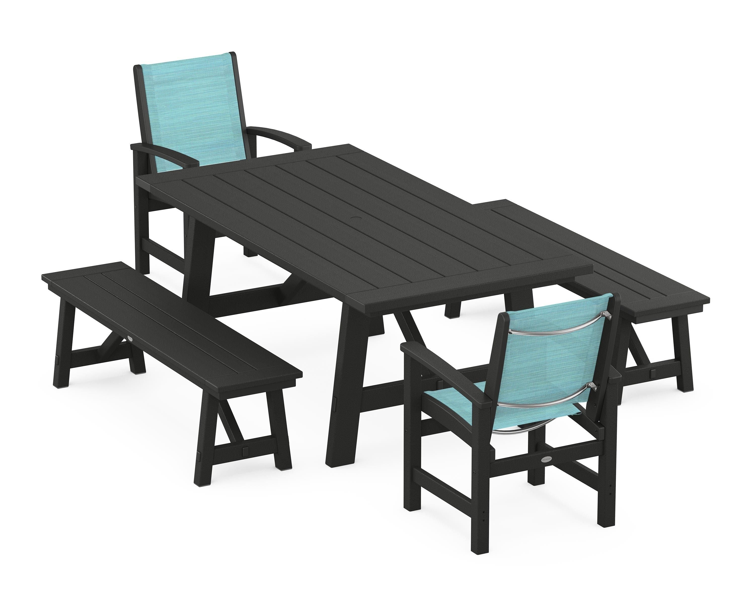 POLYWOOD Coastal 5-Piece Rustic Farmhouse Dining Set With Benches in Black / Dupioni Aquamarine Sling