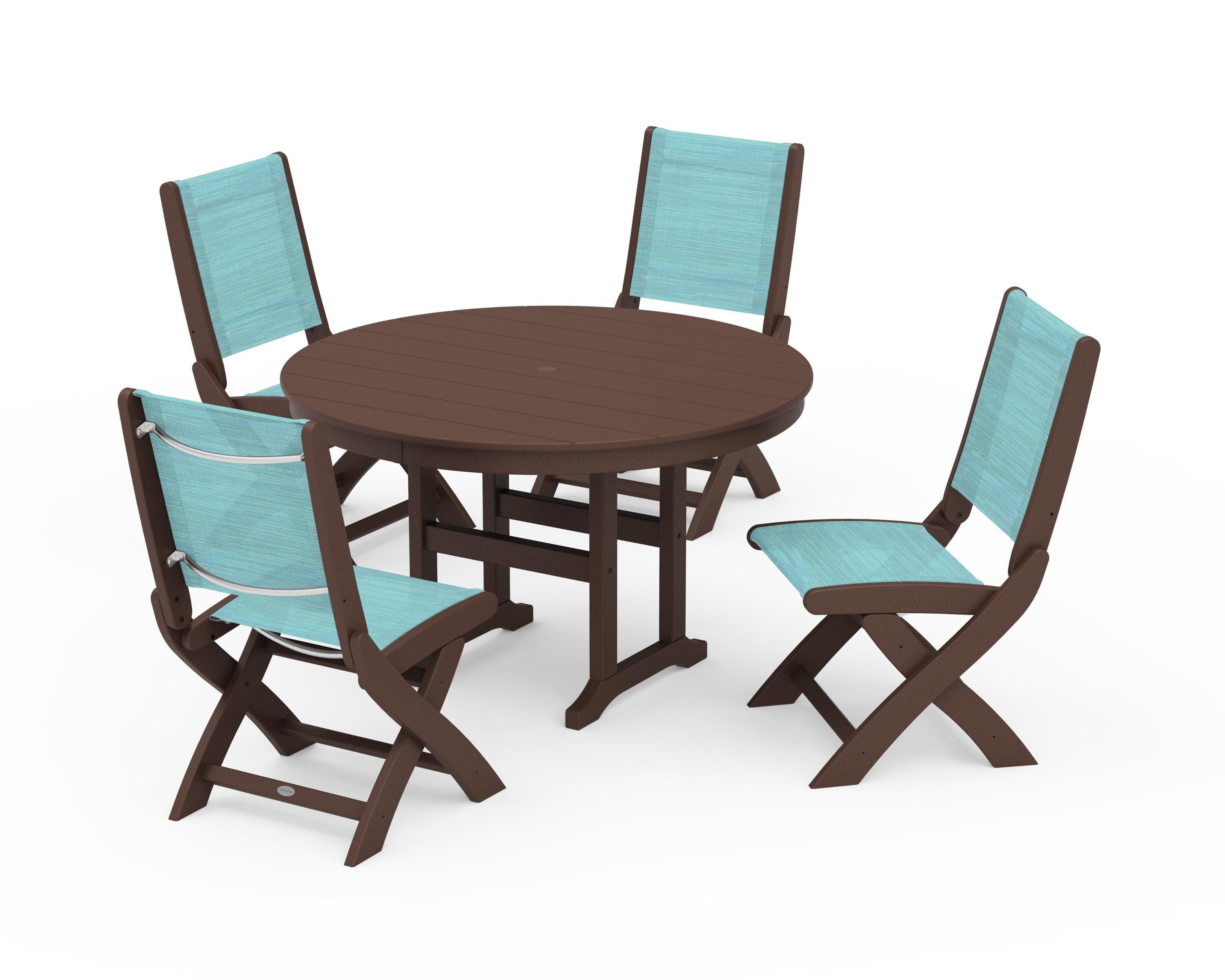 POLYWOOD Coastal Folding Side Chair 5-Piece Round Dining Set in Mahogany / Dupioni Aquamarine Sling