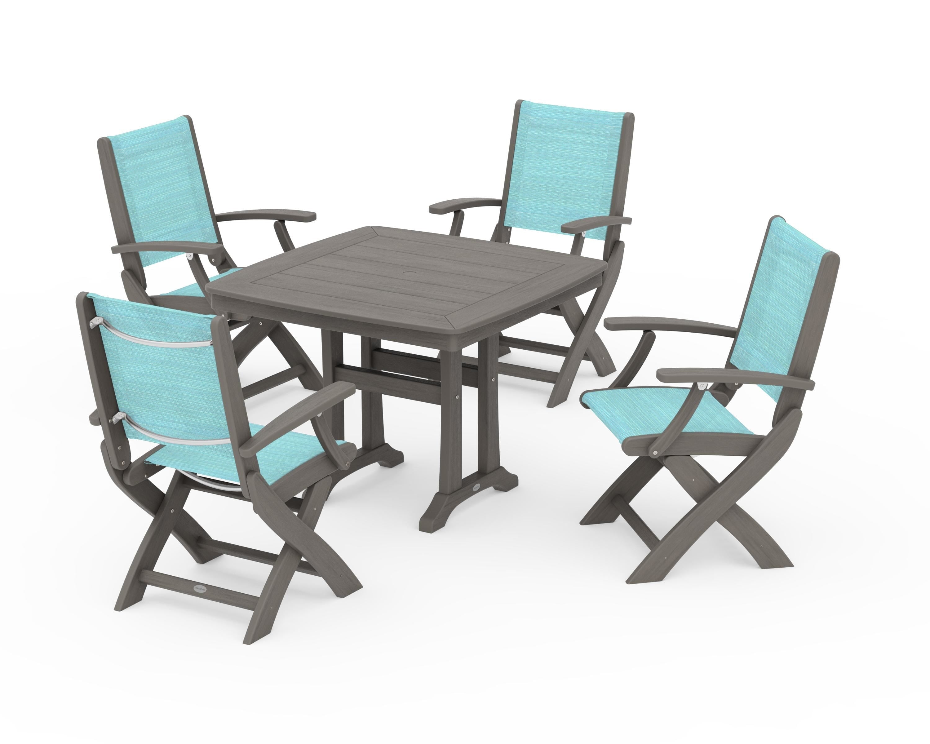 POLYWOOD Coastal Folding Chair 5-Piece Dining Set with Trestle Legs in Driftwood / Dupioni Aquamarine Sling