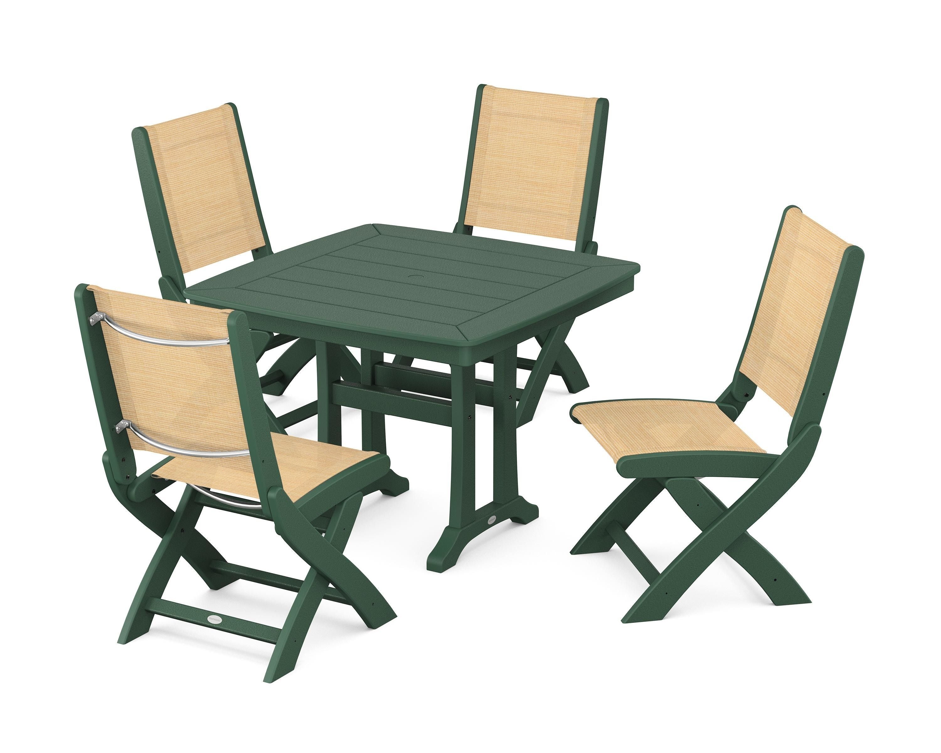 POLYWOOD Coastal Folding Side Chair 5-Piece Dining Set with Trestle Legs in Green / Dupioni Apricot Sling