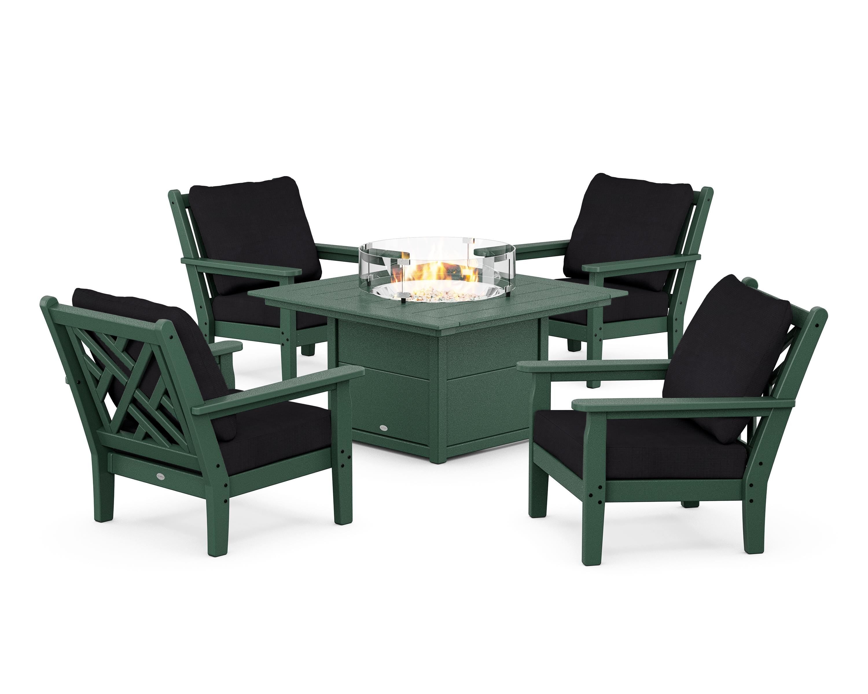 POLYWOOD Chippendale 5-Piece Deep Seating Set with Fire Pit Table in Green / Midnight Linen