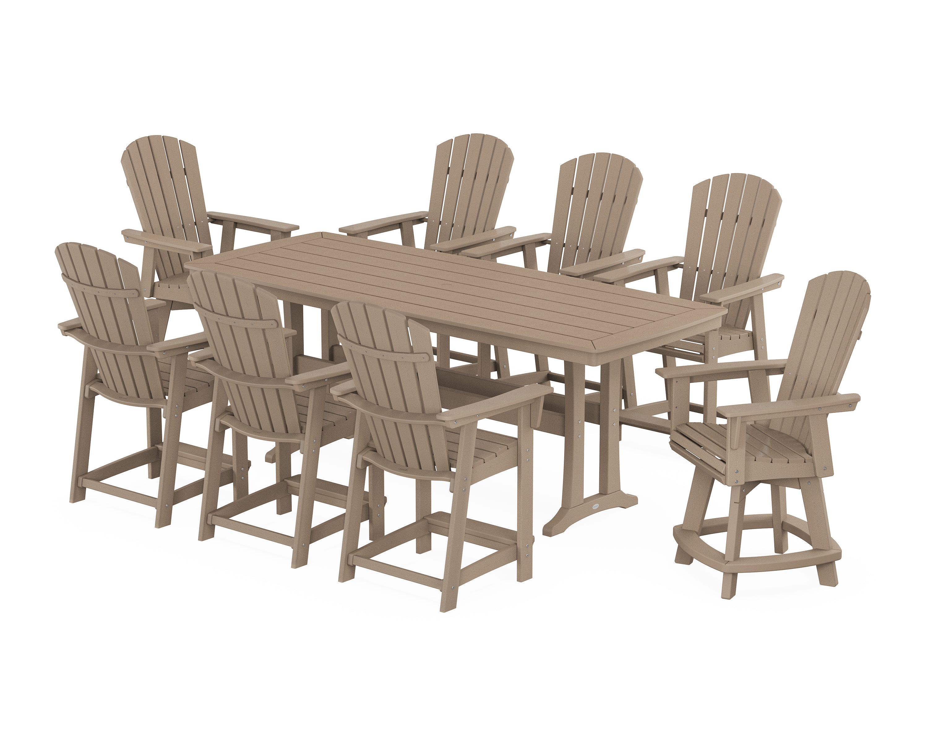 POLYWOOD® Nautical Curveback Adirondack Swivel 9-Piece Counter Set with Trestle Legs in Vintage Sahara
